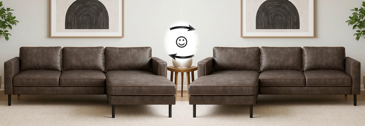 ECKSOFA WATKINS Dunkelgrau Echtleder Lederlook, Mikrofaser  - Dunkelgrau/Schwarz, MODERN, Leder/Textil (232/161cm) - Trendmanufaktur