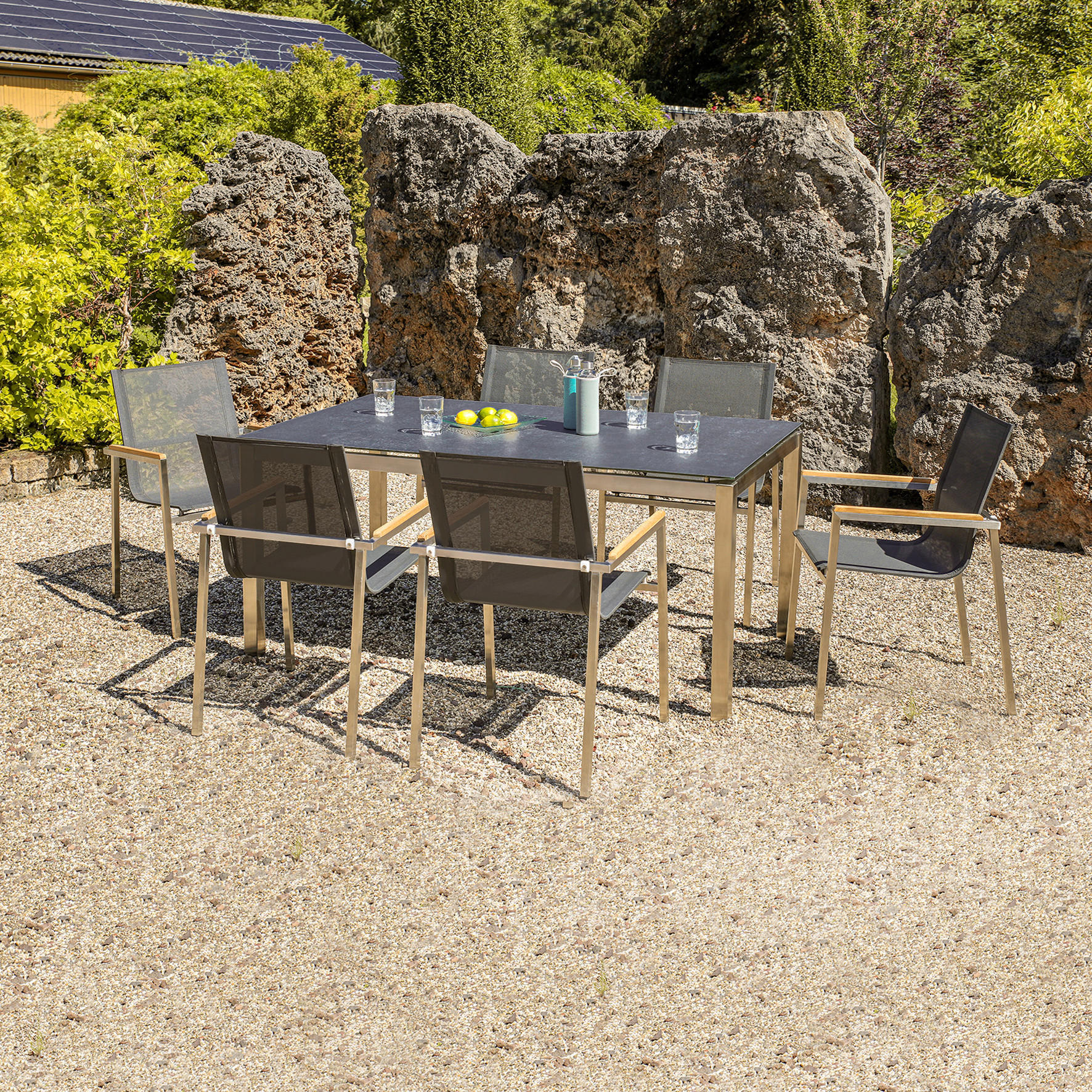 DINING-LOUNGESET Teakholz Edelstahl  - Silberfarben/Grau, Basics, Glas/Holz (160/74/90cm) - Gardenson