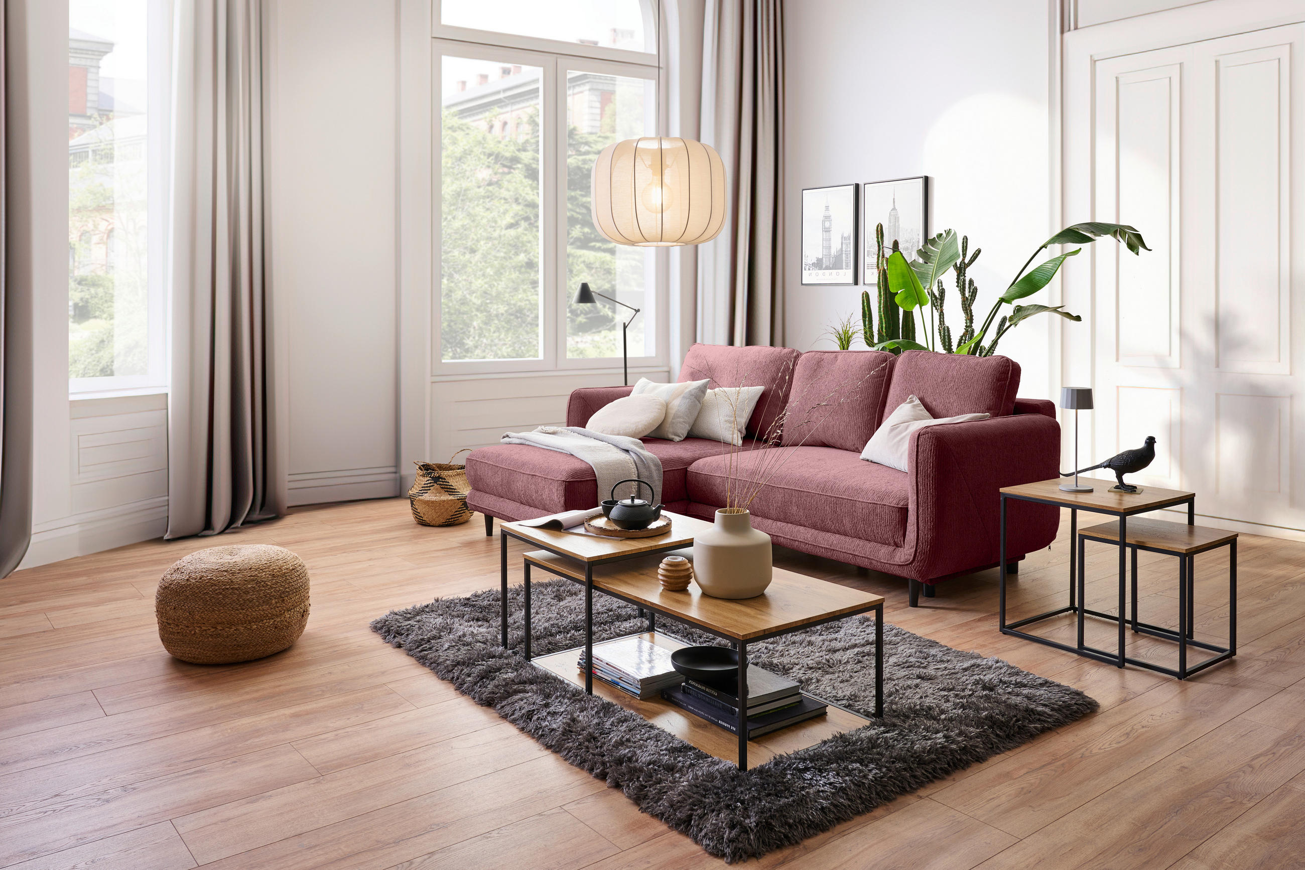 ECKSOFA in Struktur Altrosa  - Schwarz/Altrosa, KONVENTIONELL, Holz/Textil (170/247cm) - Carryhome