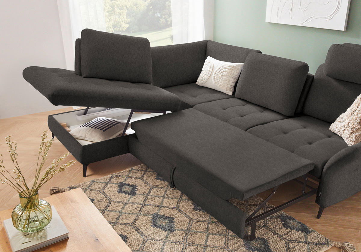 ECKSOFA Graubraun Chenille  - Graubraun/Schwarz, Natur, Textil/Metall (233/288cm) - Valnatura