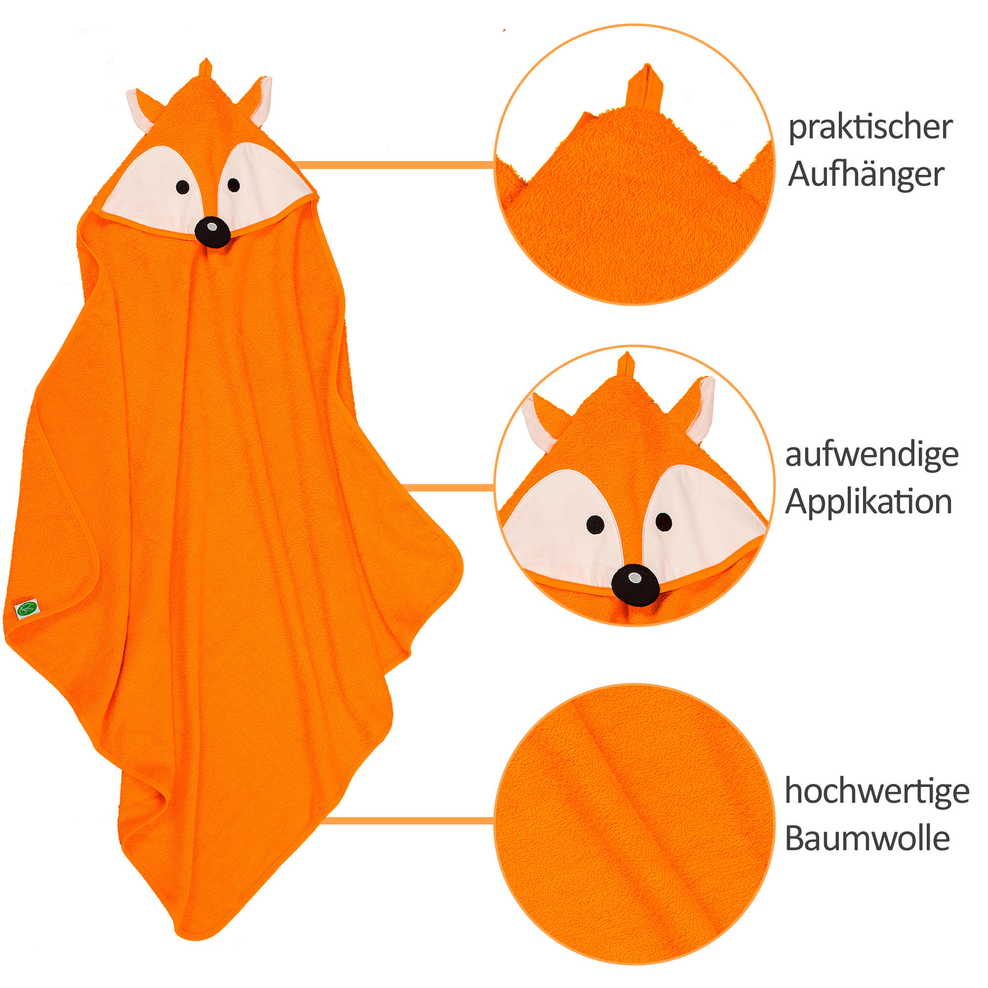 Thumbnail - Kapuzenbadetuch Fuchs, Natur, Textil, Fuchs, 100x100 cm, Oeko-Tex® Standard 100, Handmade in Europe, saugfähig, Aufhänge...
