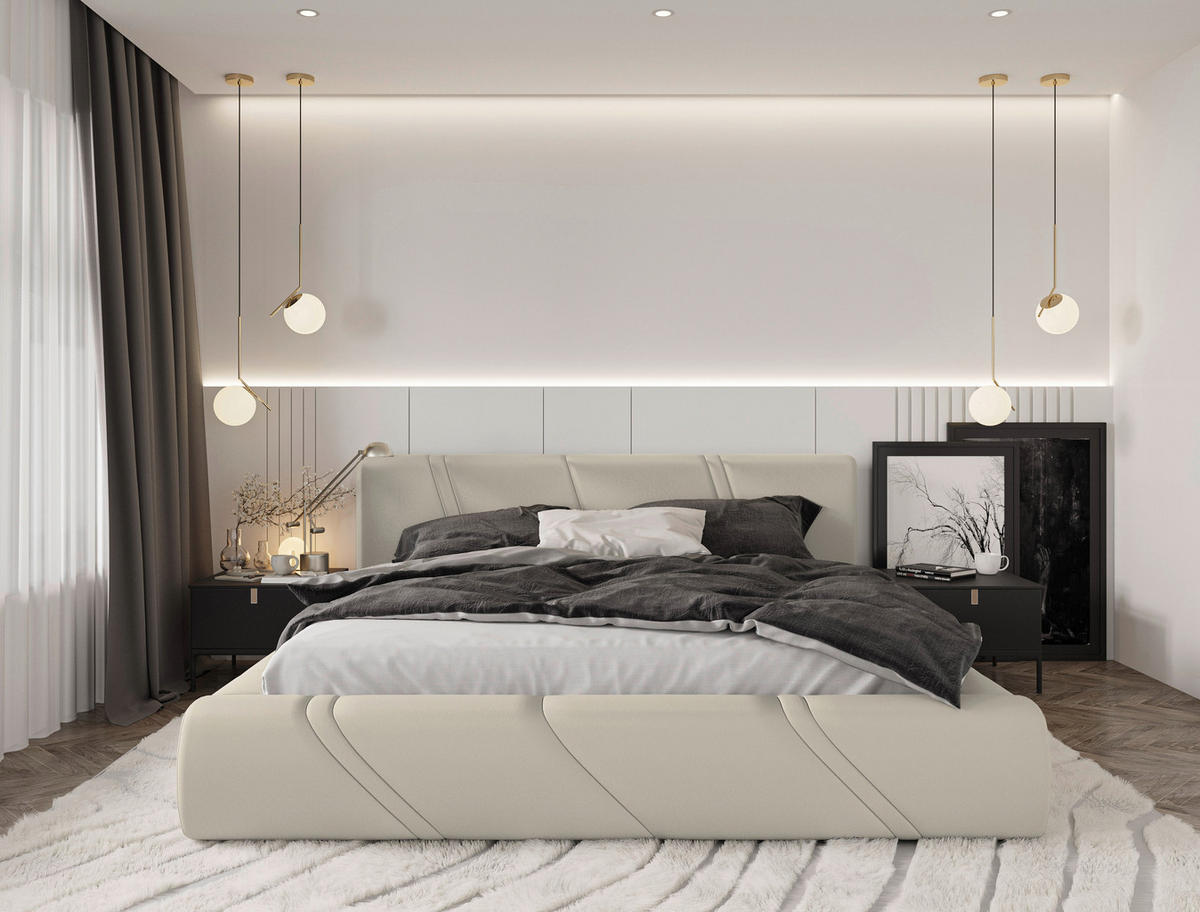 POLSTERBETT 180/200 cm,  in Beige, gepolstertes Kopfteil, Lattenrost, Bettkasten,  - Beige/Schwarz, Design, Holz/Kunststoff (180/200cm) - Chameo