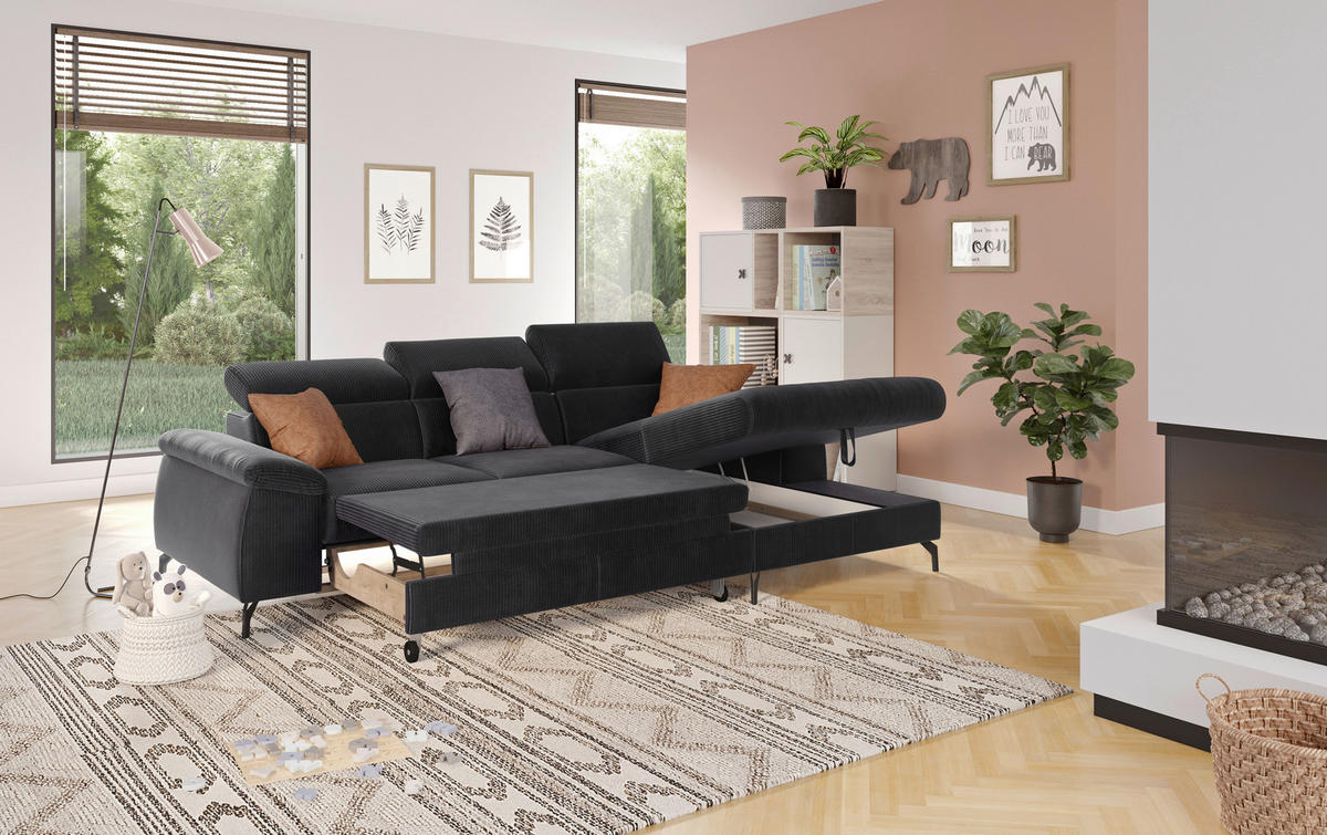 ECKSOFA in Cord Schwarz  - Schwarz, Design, Textil/Metall (244/166cm) - Livetastic