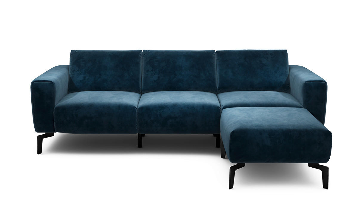 Dreisitzer inkl. Hocker Samt Dunkelblau  - Schwarz/Dunkelblau, Design, Textil/Metall (250/86/86-94cm) - SENSOO