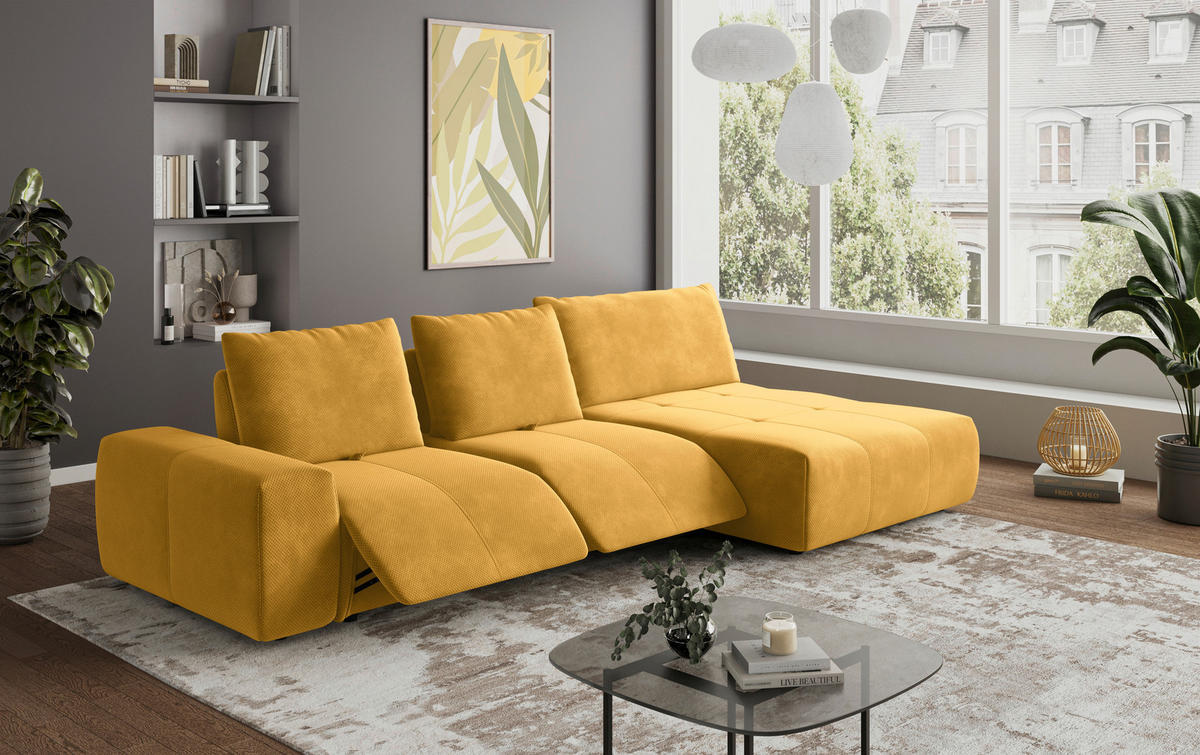ECKSOFA in Velours Currygelb  - Currygelb/Schwarz, Design, Kunststoff/Textil (347/174cm) - Xora