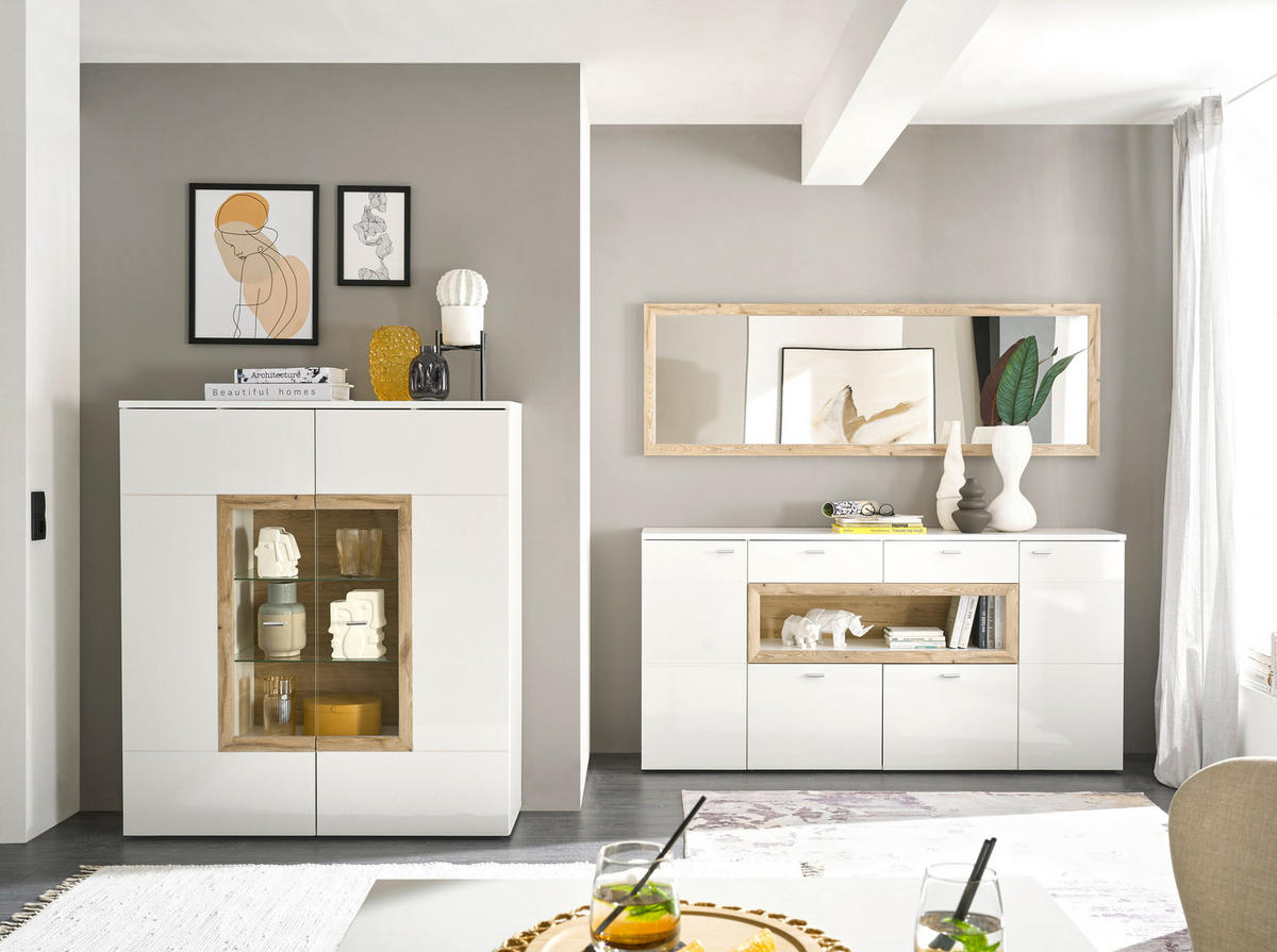 VYSOKÁ KOMODA, bílá, vysoce lesklá bílá, 120/137/38 cm - bílá/barvy stříbra, Design, kompozitní dřevo/plast (120/137/38cm) - MID.YOU