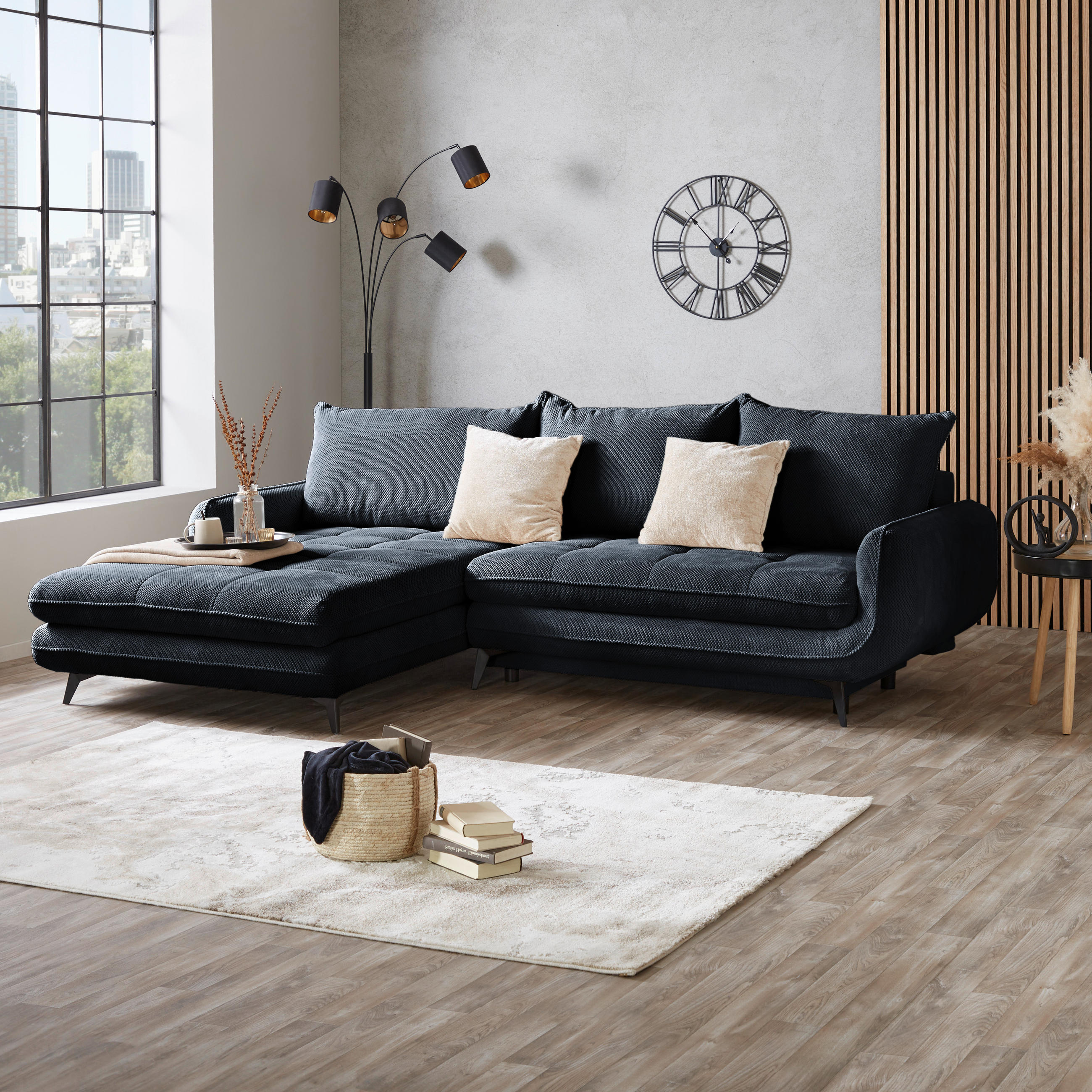 ECKSOFA WAVE Schwarz Struktur  - Beige/Schwarz, MODERN, Textil/Metall (189/266cm) - MID.YOU