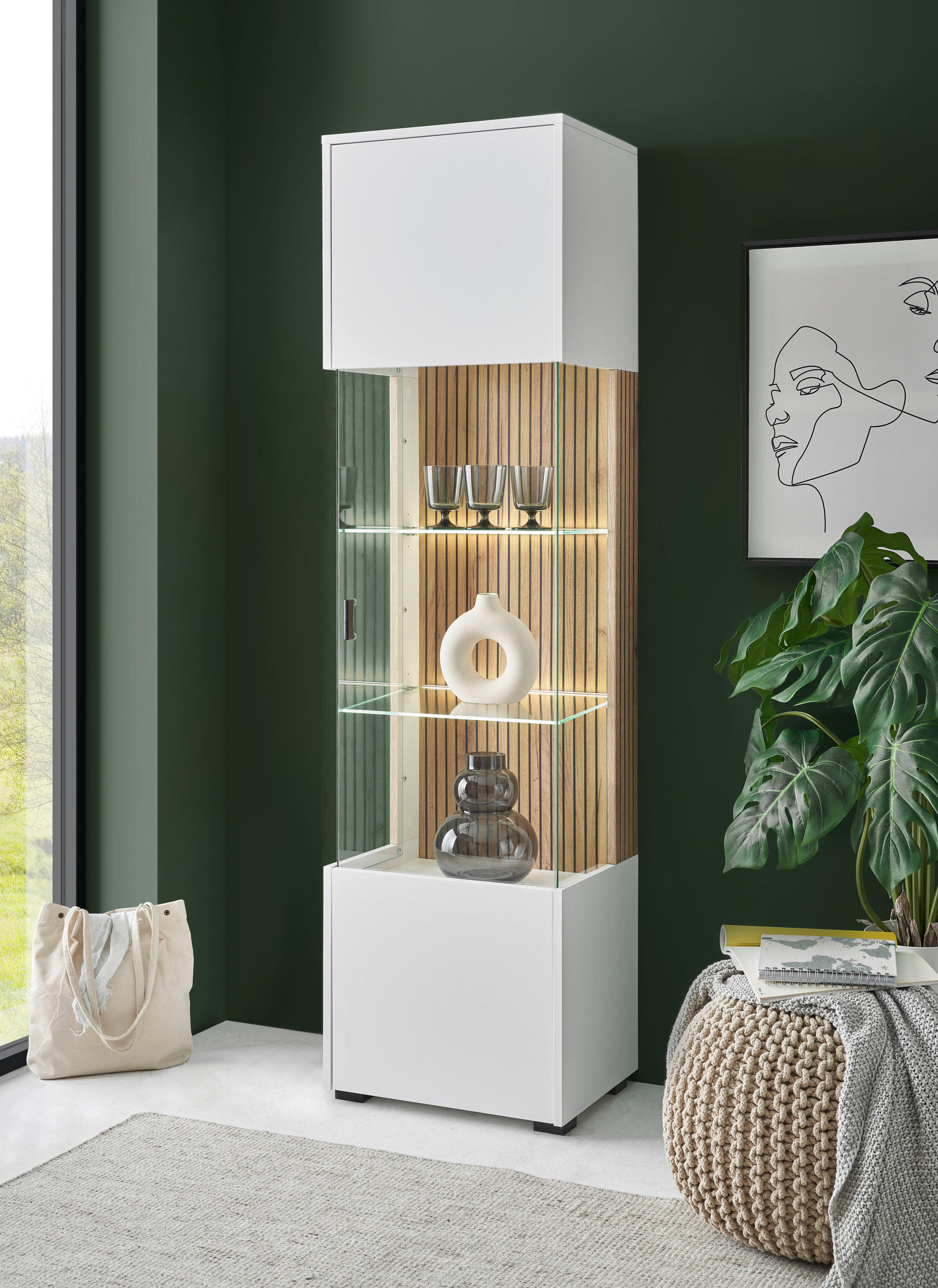 VITRINE in Eichefarben, Weiß - Eichefarben/Schwarz, Design, Glas/Holzwerkstoff (48/180/38cm) - MID.YOU