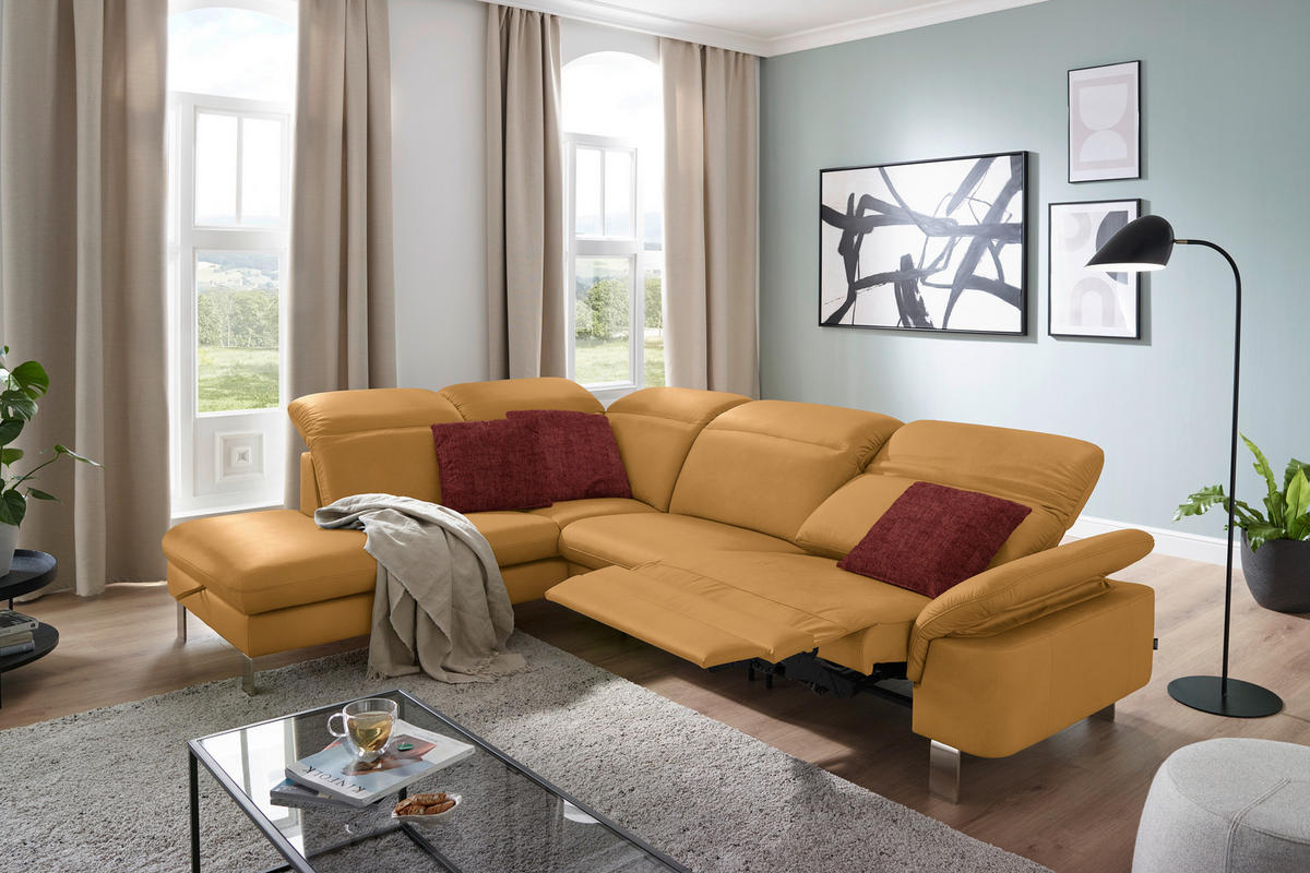 ECKSOFA in Echtleder Senfgelb  233/309 cm  - Edelstahlfarben/Senfgelb, Design, Leder/Metall (233/309cm) - Dieter Knoll