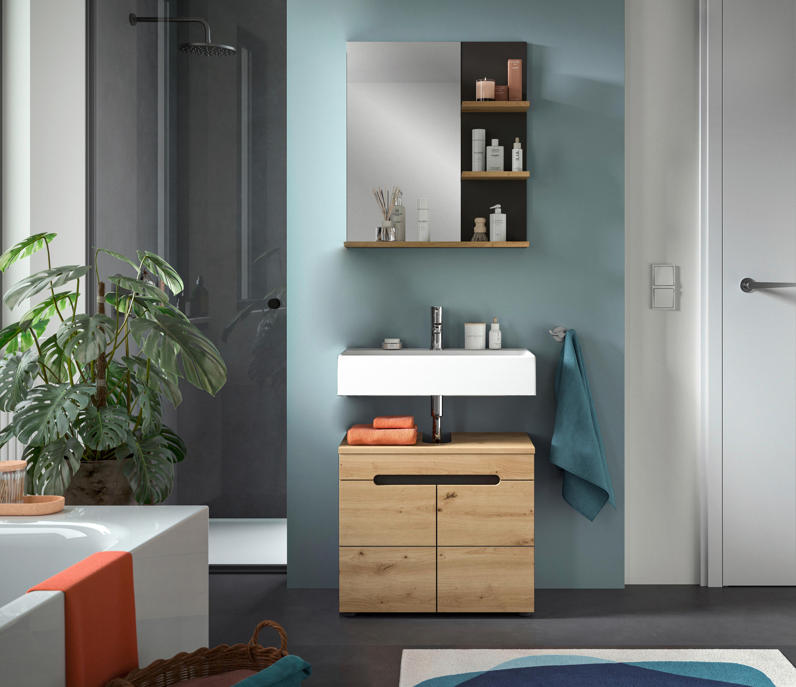 BADEZIMMER 2-teilig  in 63 cm  - Schwarz/Eiche Artisan, MODERN, Glas/Holzwerkstoff (63cm) - MID.YOU