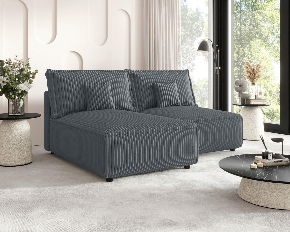 ECKSOFA Grau Cord Zierkissen, Rückenkissen, Schlaffunktion, Rücken echt  - Schwarz/Grau, MODERN, Kunststoff/Textil (153/200cm) - Xora