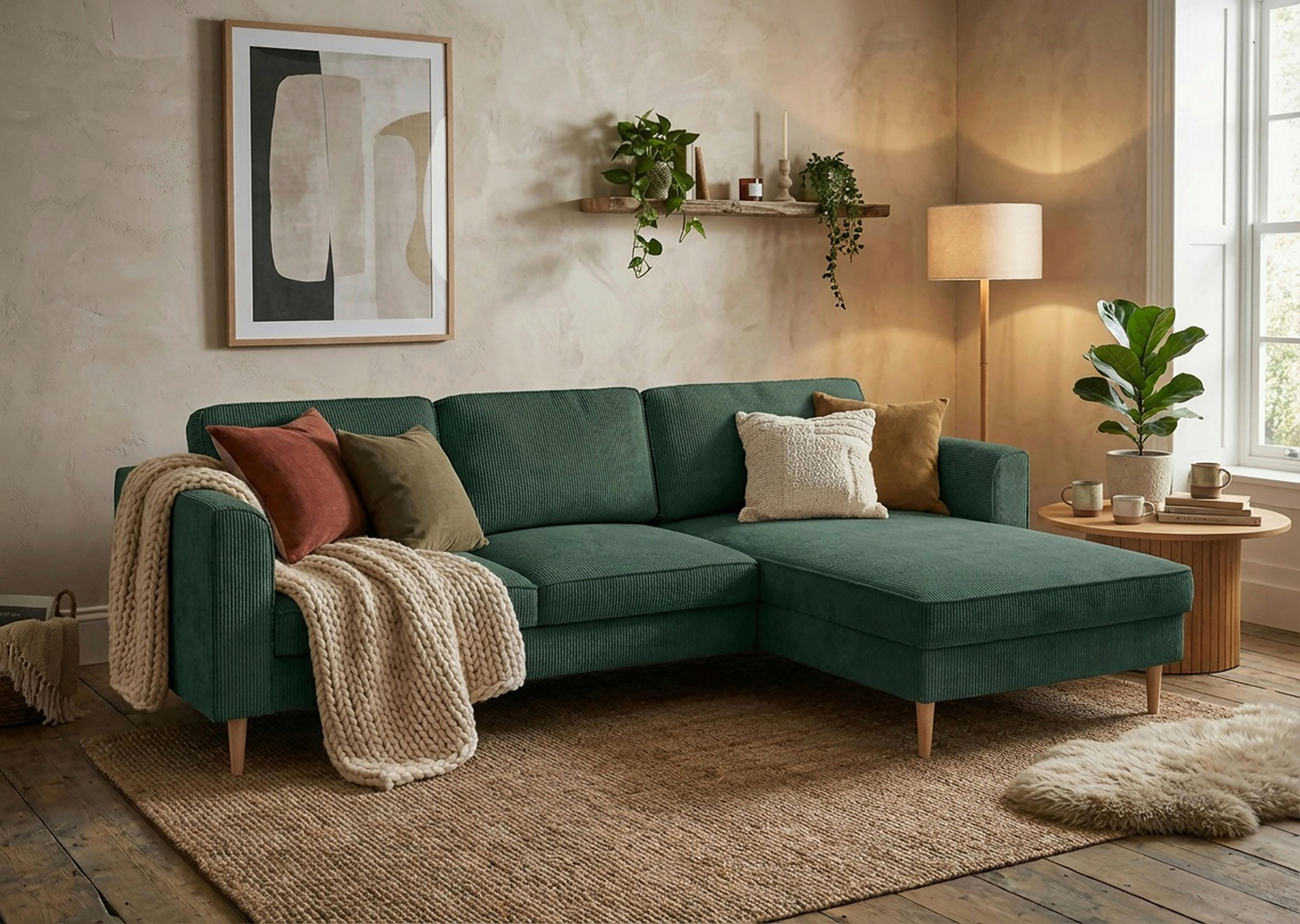 ECKSOFA Cord Dunkelgrün  - Dunkelgrün/Buchefarben, Modern, Holz/Textil (232/161cm) - Trendmanufaktur