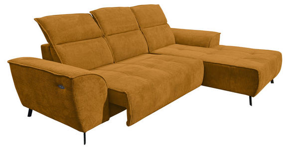 ECKSOFA Currygelb Cord Rücken echt, Kopfteilverstellung, Sitzvorzug  - Currygelb/Schwarz, KONVENTIONELL, Textil/Metall (290/196cm) - Carryhome