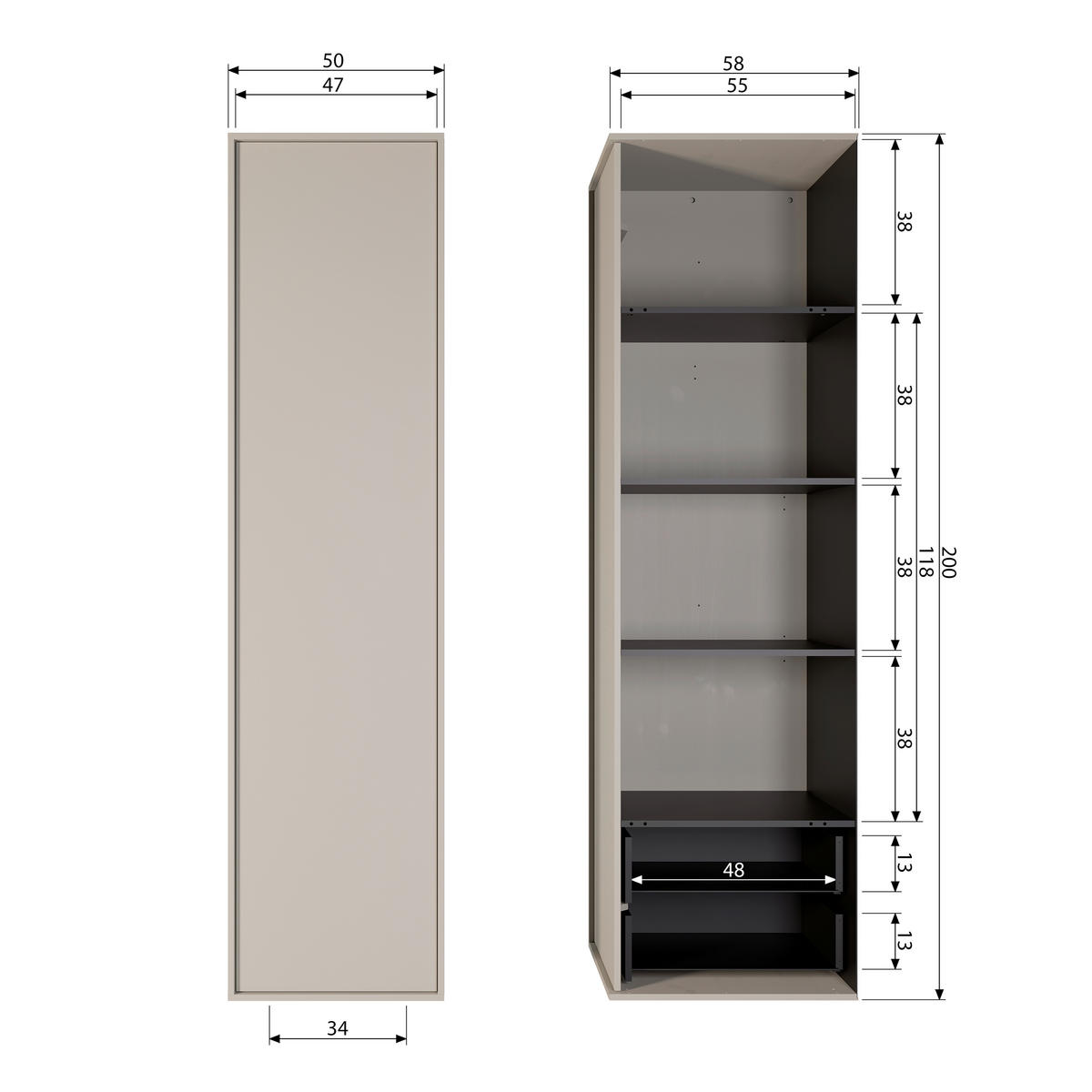 DREHTÜRENSCHRANK 50/200/58 cm,  in Grau, 1-türig  - Schwarz/Grau, Design, Holz/Holzwerkstoff (50/200/58cm) - Livetastic