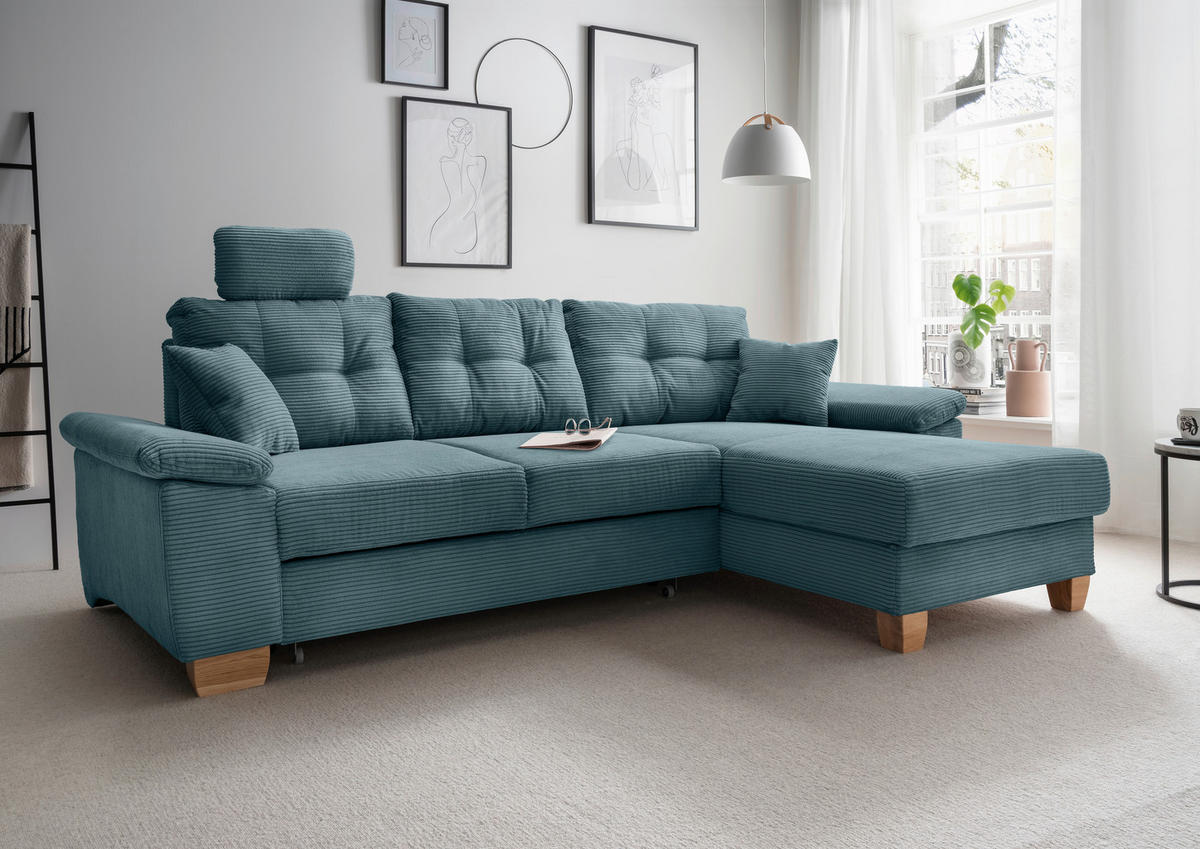 ECKSOFA in Cord Petrol  - Petrol/Naturfarben, Modern, Holz/Textil (270/176cm) - Livetastic