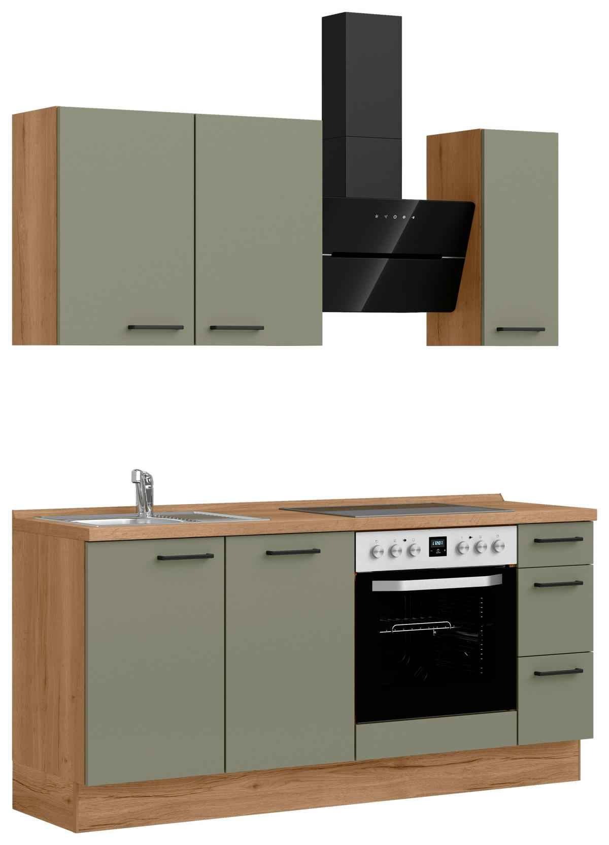 KÜCHENLEERBLOCK Senso 180 cm  in Eichefarben, Olivgrün  - Eichefarben/Schwarz, ROMANTIK / LANDHAUS, Holzwerkstoff/Metall (180cm) - Nobilia