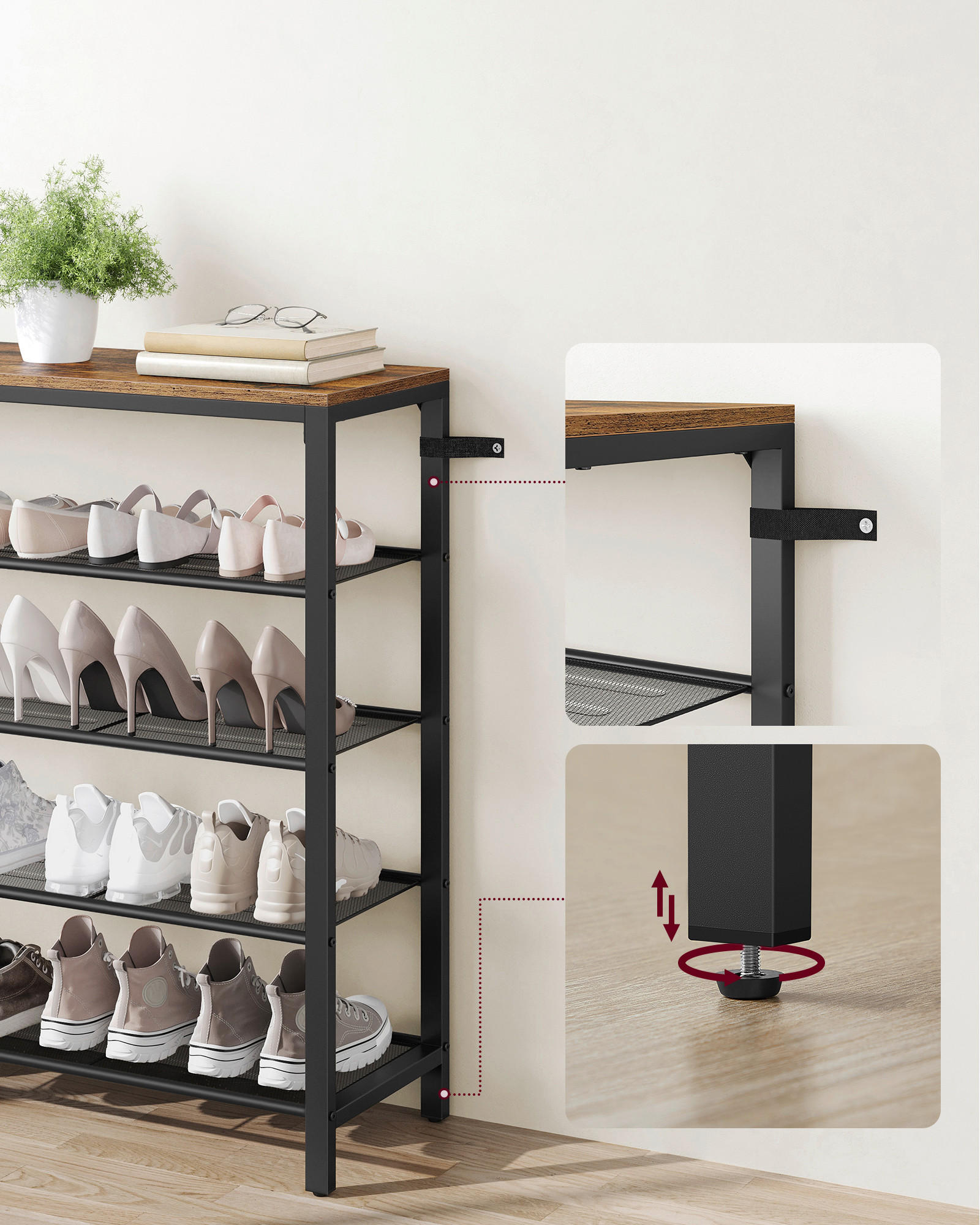 Schuhregal Mit 6 Etagen – Metallgestell Mit MDF-Platte, Schwarz & Rustikal, Platz Für 24-30 Paar Schuhe