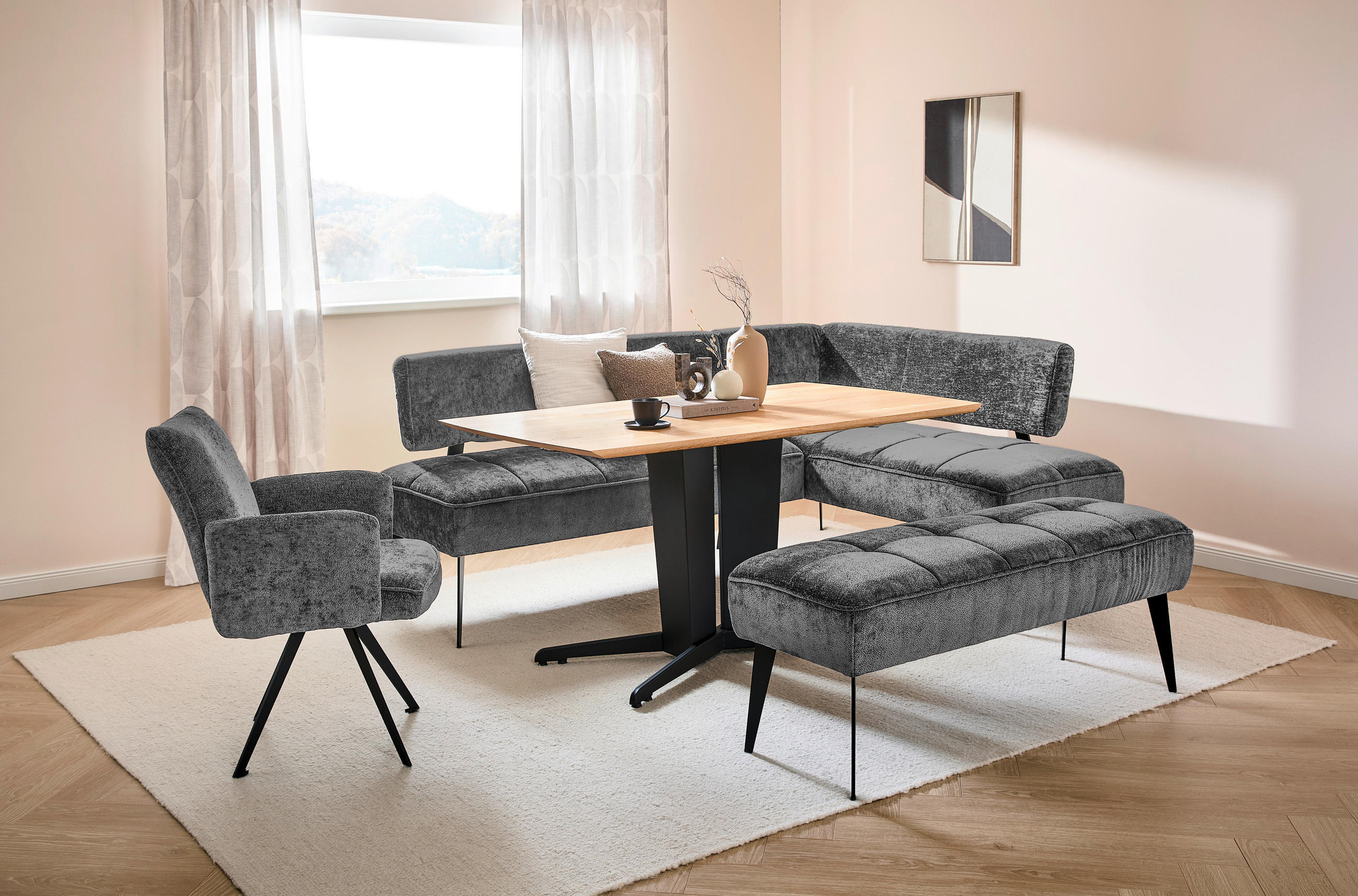 SITZBANK 133/54/47 cm Webstoff Graphitfarben Metall  - Schwarz/Graphitfarben, MODERN, Textil/Metall (133/54/47cm) - Welnova