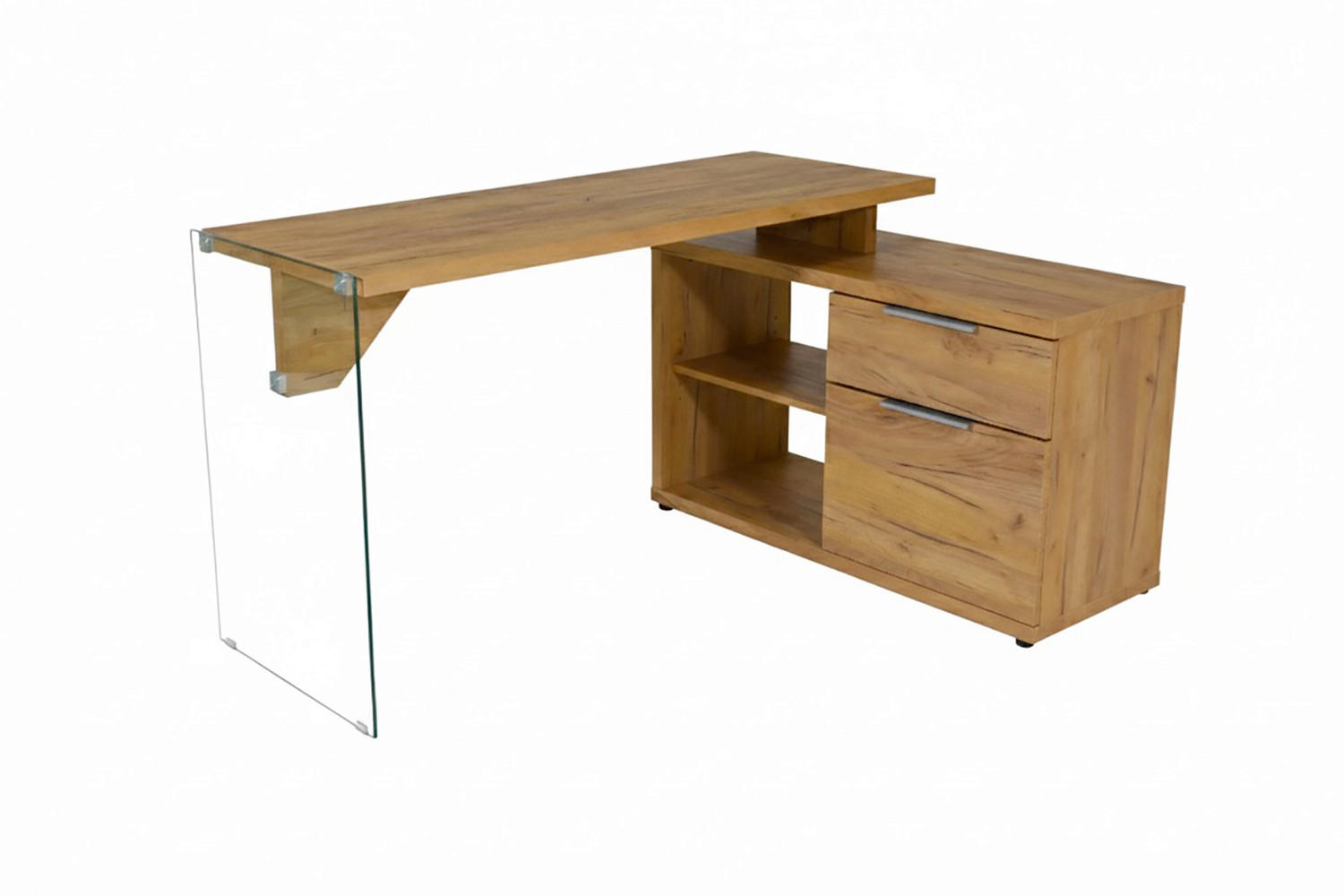 ECKSCHREIBTISCH 141,8/100/74 cm Eichefarben Stauraum, seitenverkehrt montierbar  - Eichefarben/Silberfarben, Design, Glas/Holzwerkstoff (141,8/100/74cm) - MID.YOU