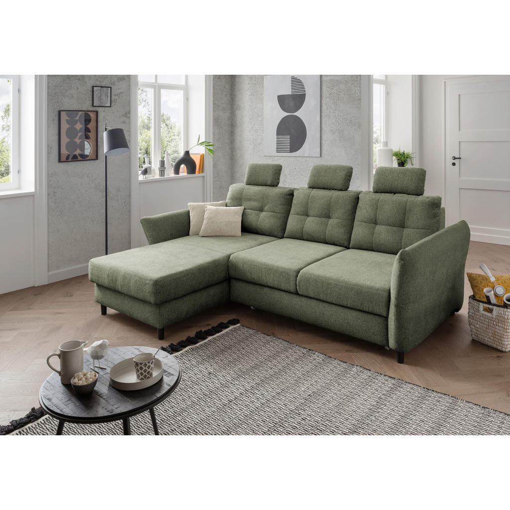 Thumbnail - Livetastic Ecksofa, Dunkelgrün, Textil, Buche, Uni, 4-Sitzer, Füllung: Schaumstoff, Ottomane links, Eckteil, L-Form, 250...