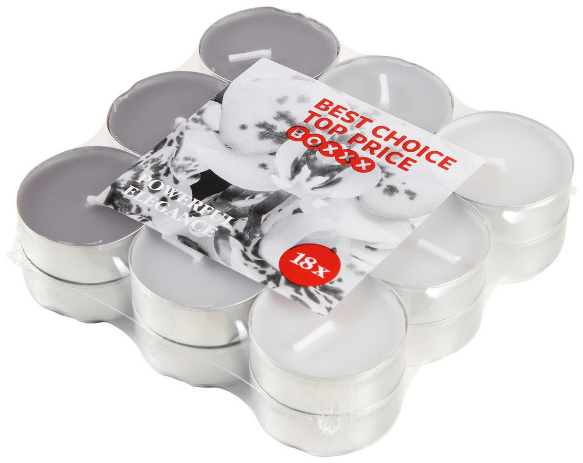 SADA ČAJOVÝCH SVÍČEK 18 kus santalové dřevo  - šedá/barvy stříbra, Basics, kov (3cm) - Boxxx