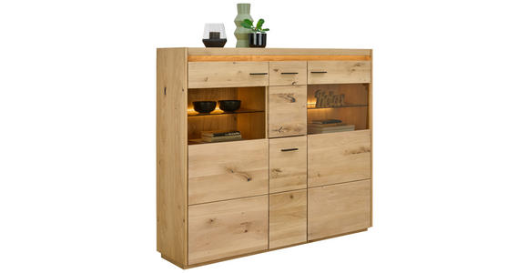 HIGHBOARD furniert, massiv Eichefarben Beleuchtung, Einlegeböden  - Eichefarben/Schwarz, Natur, Glas/Holz (153,8/133,5/37cm) - Linea Natura