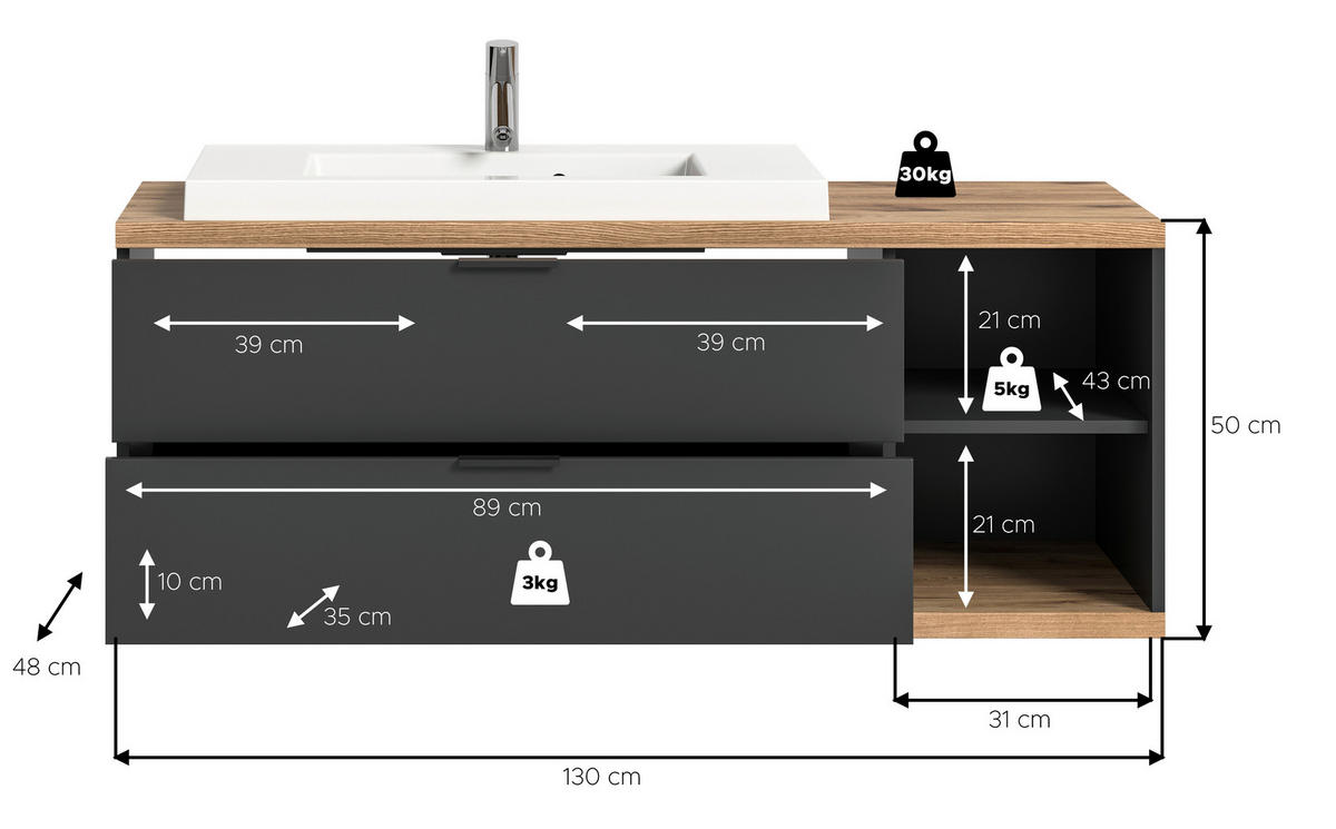WASCHTISCHKOMBI 130 cm  - Eichefarben/Anthrazit, Basics, Holzwerkstoff/Kunststoff (130cm) - MID.YOU