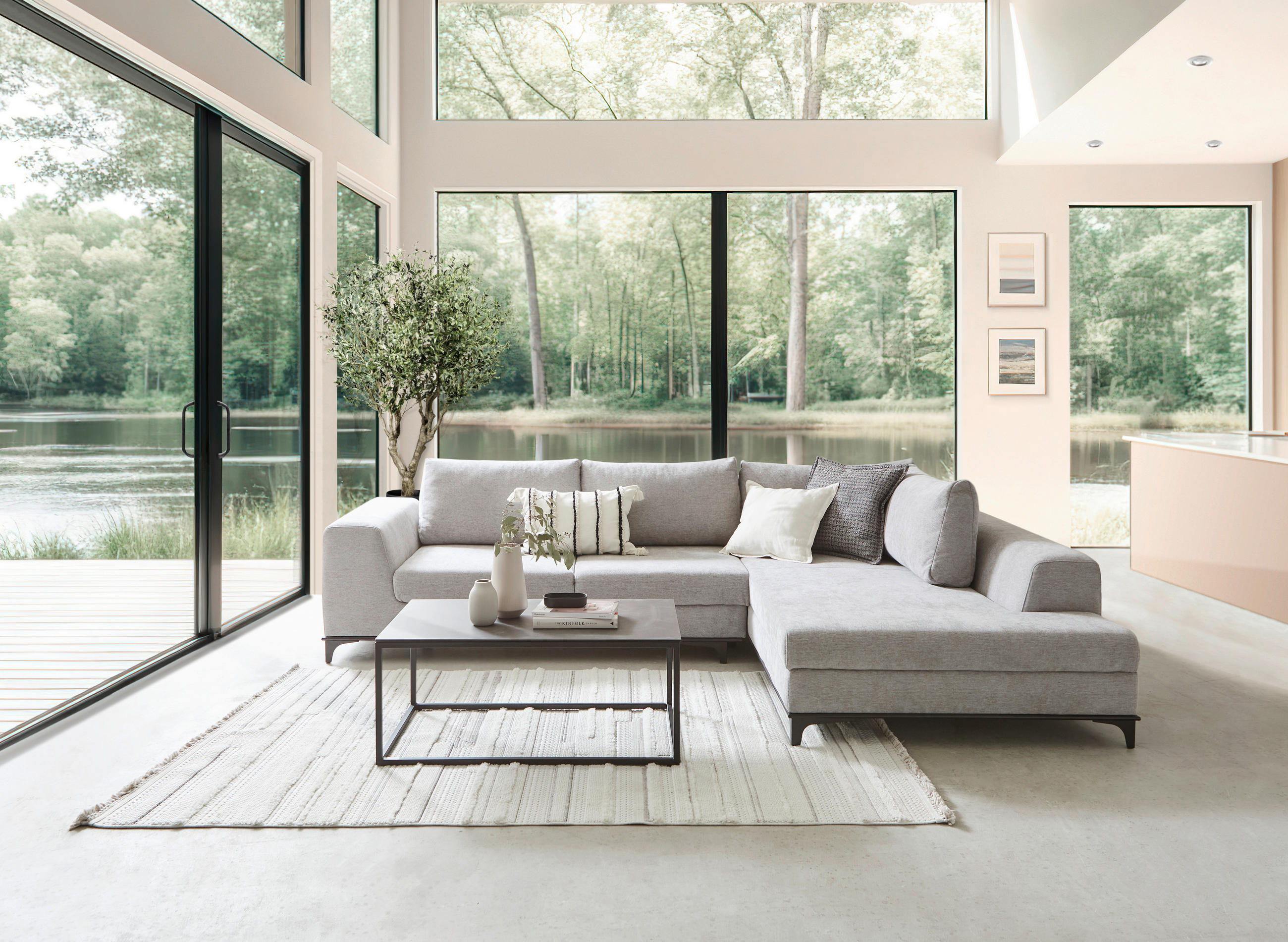 ECKSOFA in Webstoff Grau  - Schwarz/Grau, Design, Textil/Metall (314/211cm) - Stylife