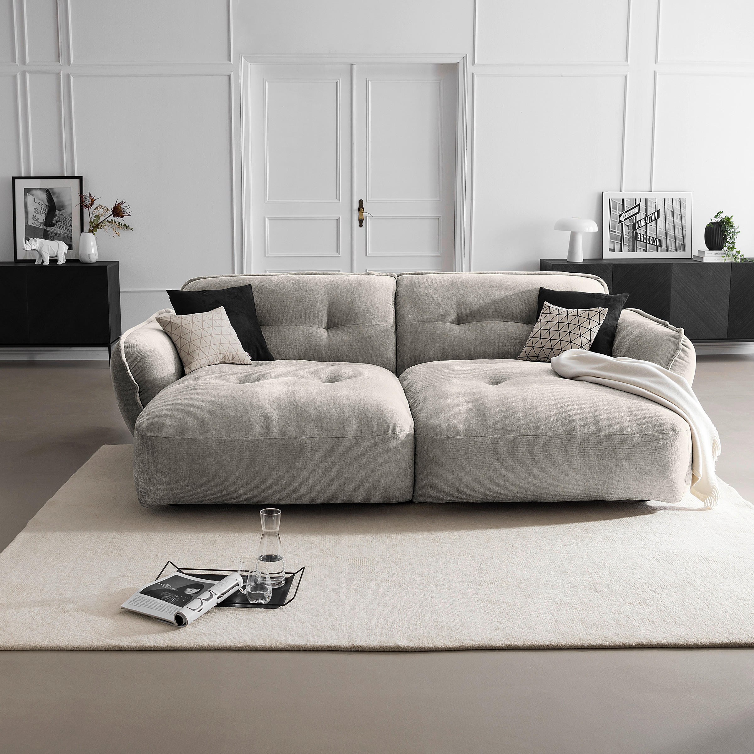 BIGSOFA in Chenille Silberfarben  - Silberfarben/Schwarz, Modern, Kunststoff/Textil (285/87/184cm) - Trendmanufaktur