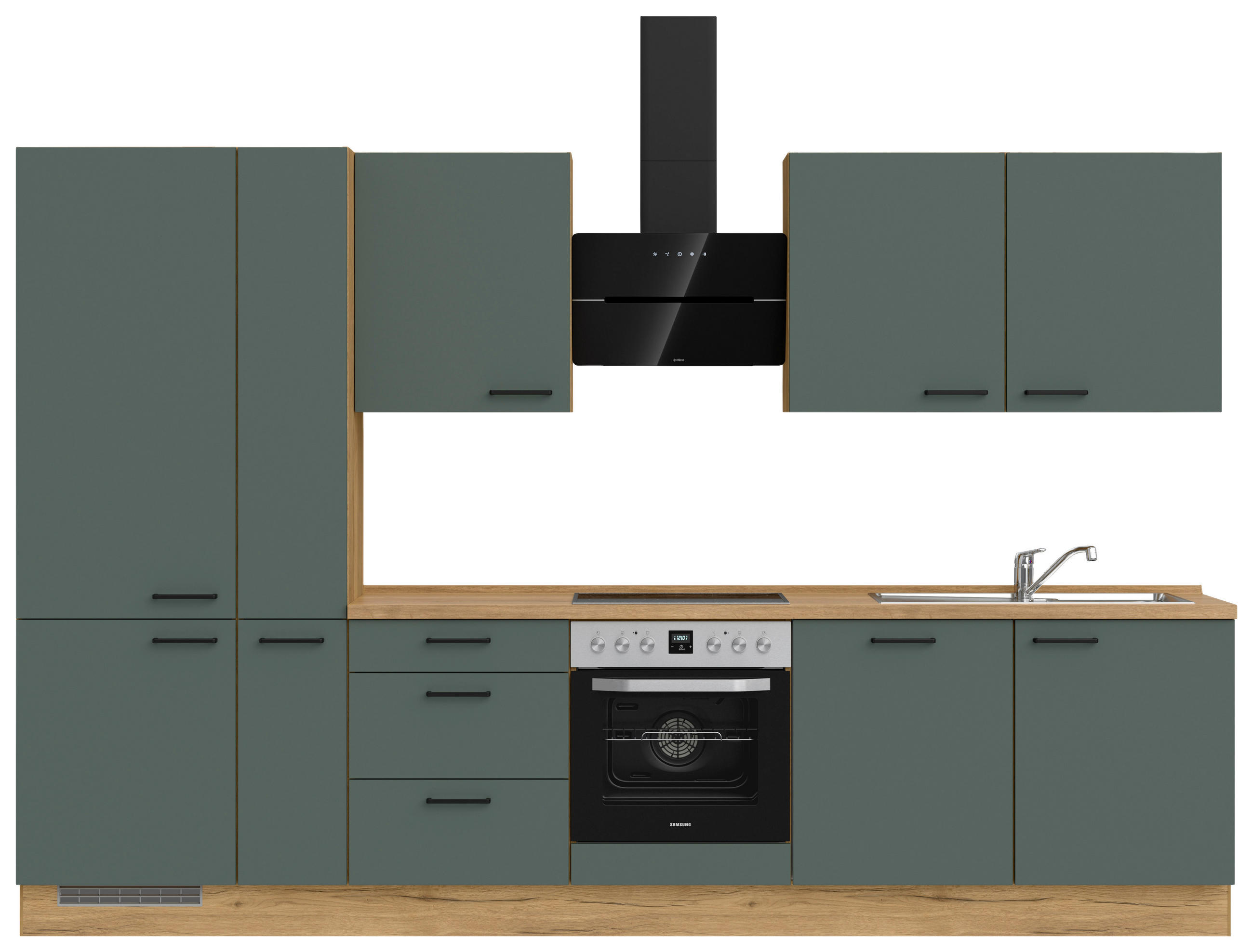 KÜCHENBLOCK 330 cm   in Eichefarben, Dunkelgrün  - Dunkelgrün/Eichefarben, MODERN, Holzwerkstoff/Metall (330cm) - Nobilia