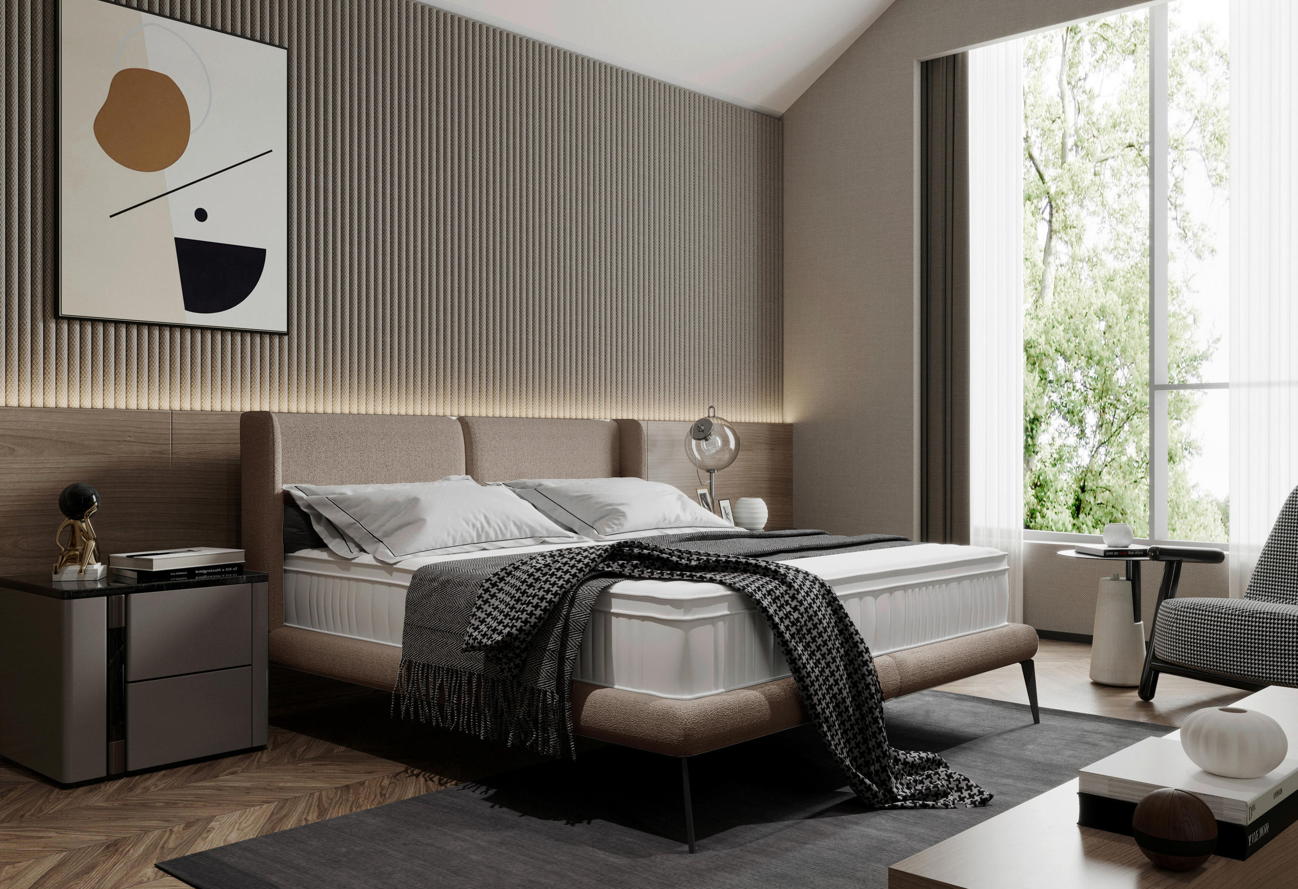Polsterbett inkl. Matratze Matratze, gepolstertes Kopfteil, Topper 180/200 cm  in Braun  - Creme/Schwarz, MODERN, Textil/Metall (180/200cm) - Livetastic