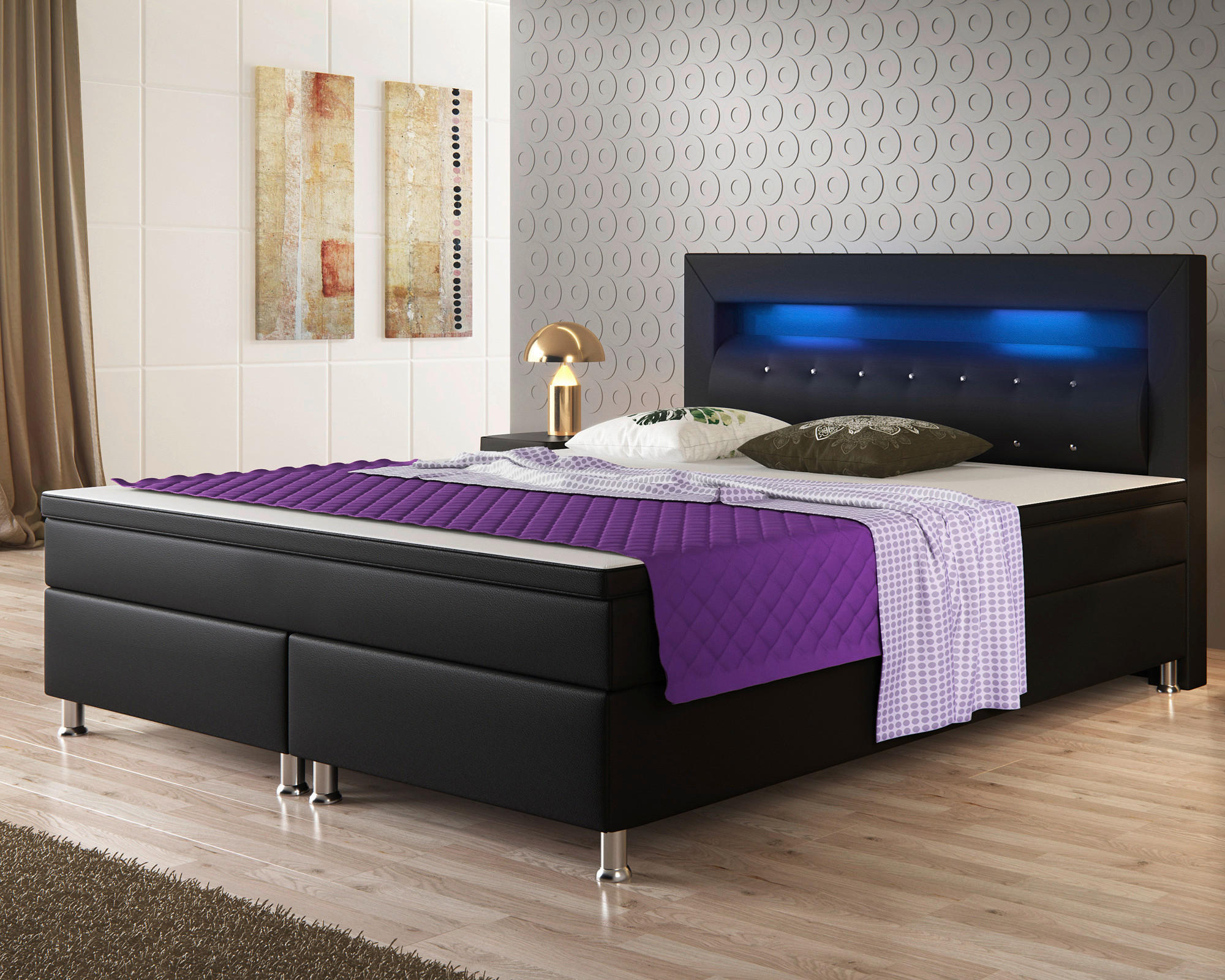 Boxspringbett mit Topper  in Schwarz  - Silberfarben/Schwarz, KONVENTIONELL, Leder/Textil (180/115/210cm) - MID.YOU