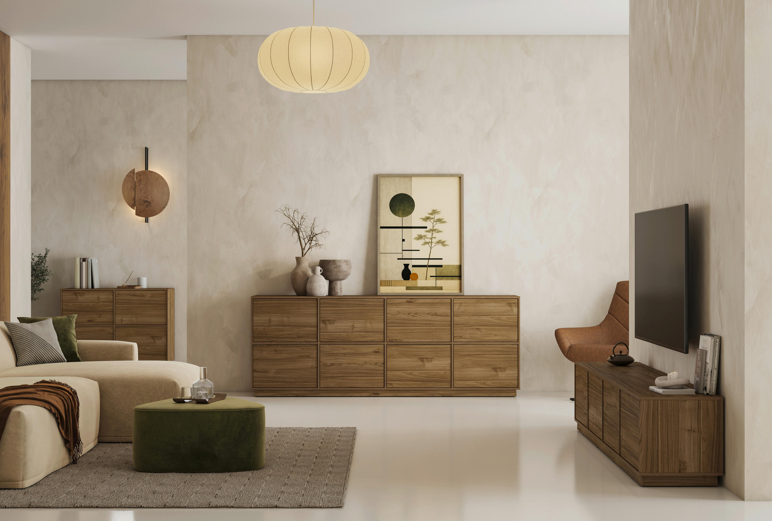 SIDEBOARD Japandi  in 220,5/45/41,5 cm  - Nussbaumfarben, Design, Holzwerkstoff (220,5/45/41,5cm) - MID.YOU