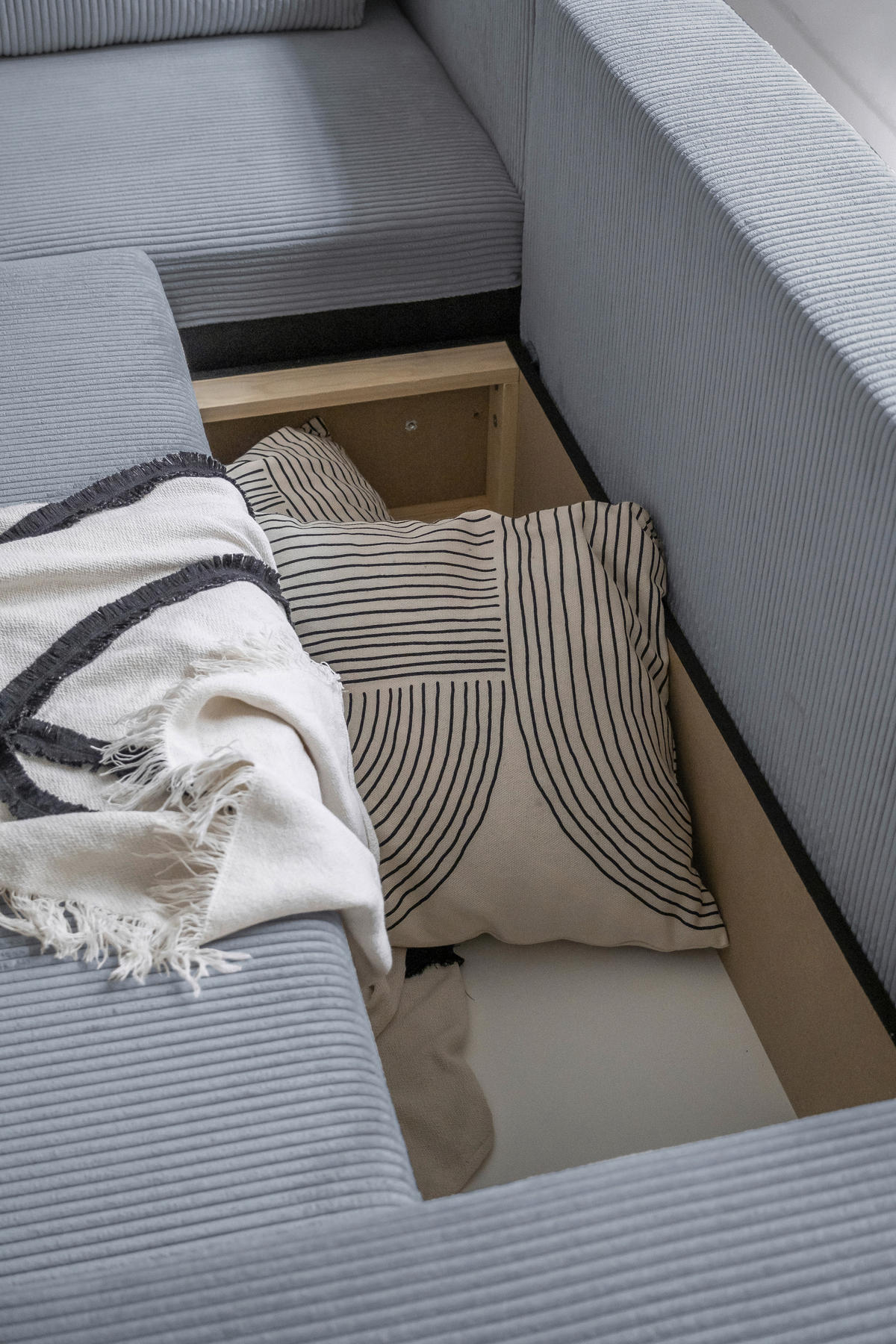 ECKSOFA Hellgrau Cord Rückenkissen, Bettkasten  - Hellgrau/Schwarz, Design, Kunststoff/Textil (194/247cm) - MID.YOU