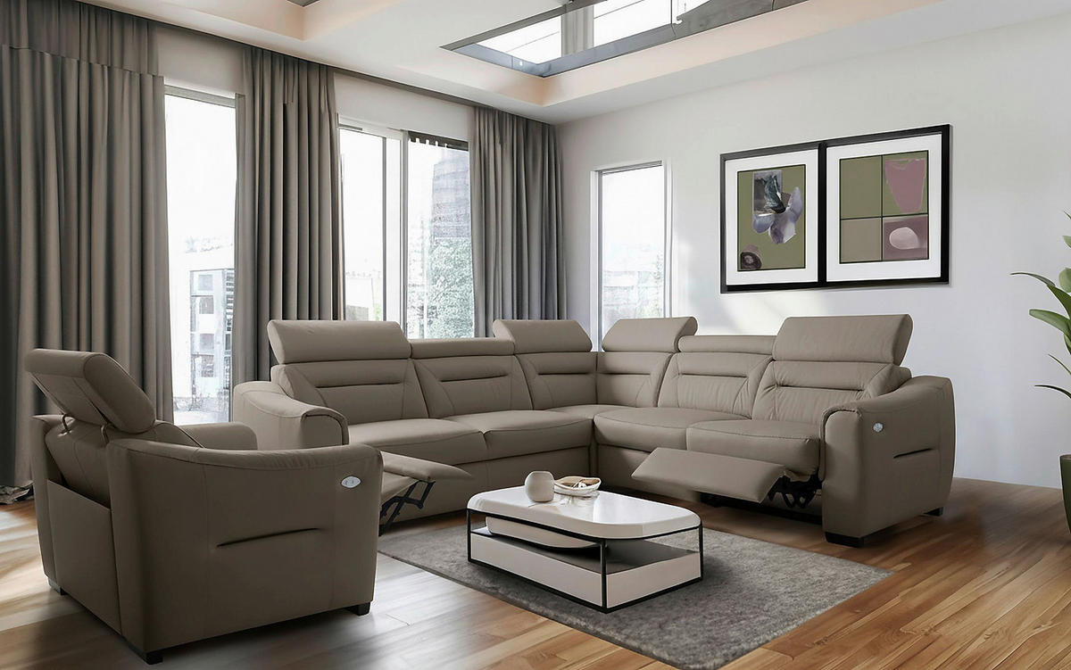 ECKSOFA Schlammfarben Echtleder Lederlook Schlaffunktion, Rücken echt, Relaxfunktion, Kopfteilverstellung  - Wengefarben/Schlammfarben, Design, Leder/Holz (260/260cm) - Celina Home