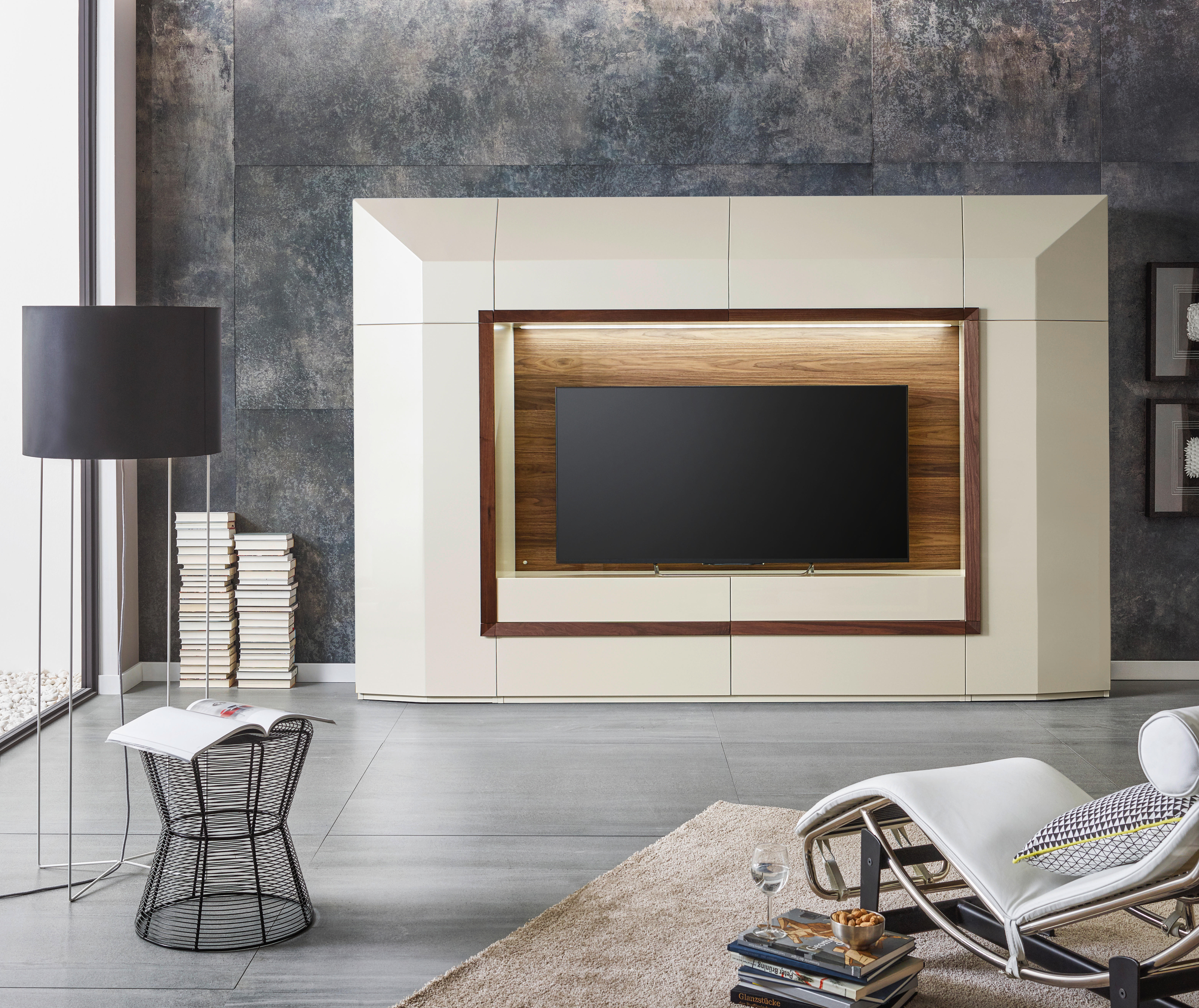 WOHNWAND Porto  in Weiß, Nussbaumfarben  300/200/50 cm  - Nussbaumfarben/Schwarz, Design, Glas/Holz (300/200/50cm) - Ambiente