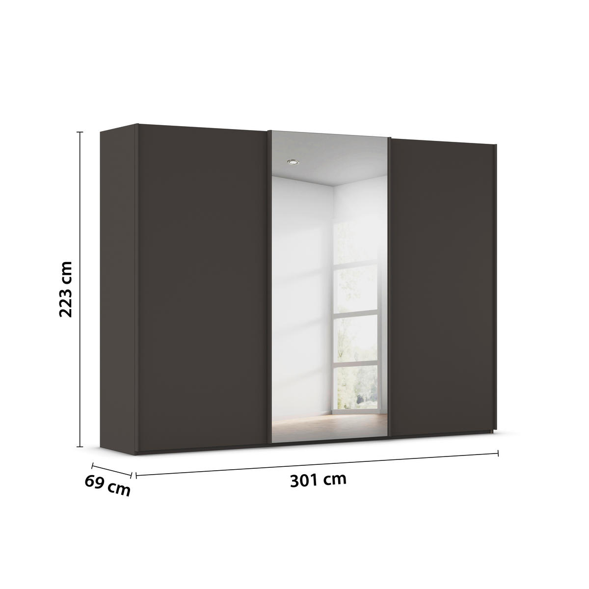 SCHWEBETÜRENSCHRANK 301/223/69 cm,  in Graphitfarben, 3 Tür(en)  - Graphitfarben, Basics, Glas/Holzwerkstoff (301/223/69cm) - Rauch Möbel
