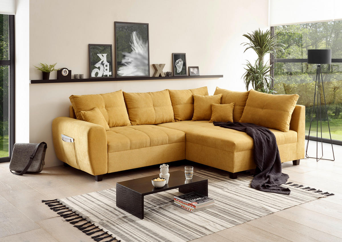 ECKSOFA inkl. Hocker in Mikrovelours Gelb  248/176 cm  - Gelb/Schwarz, Basics, Holzwerkstoff/Kunststoff (248/176cm) - MID.YOU