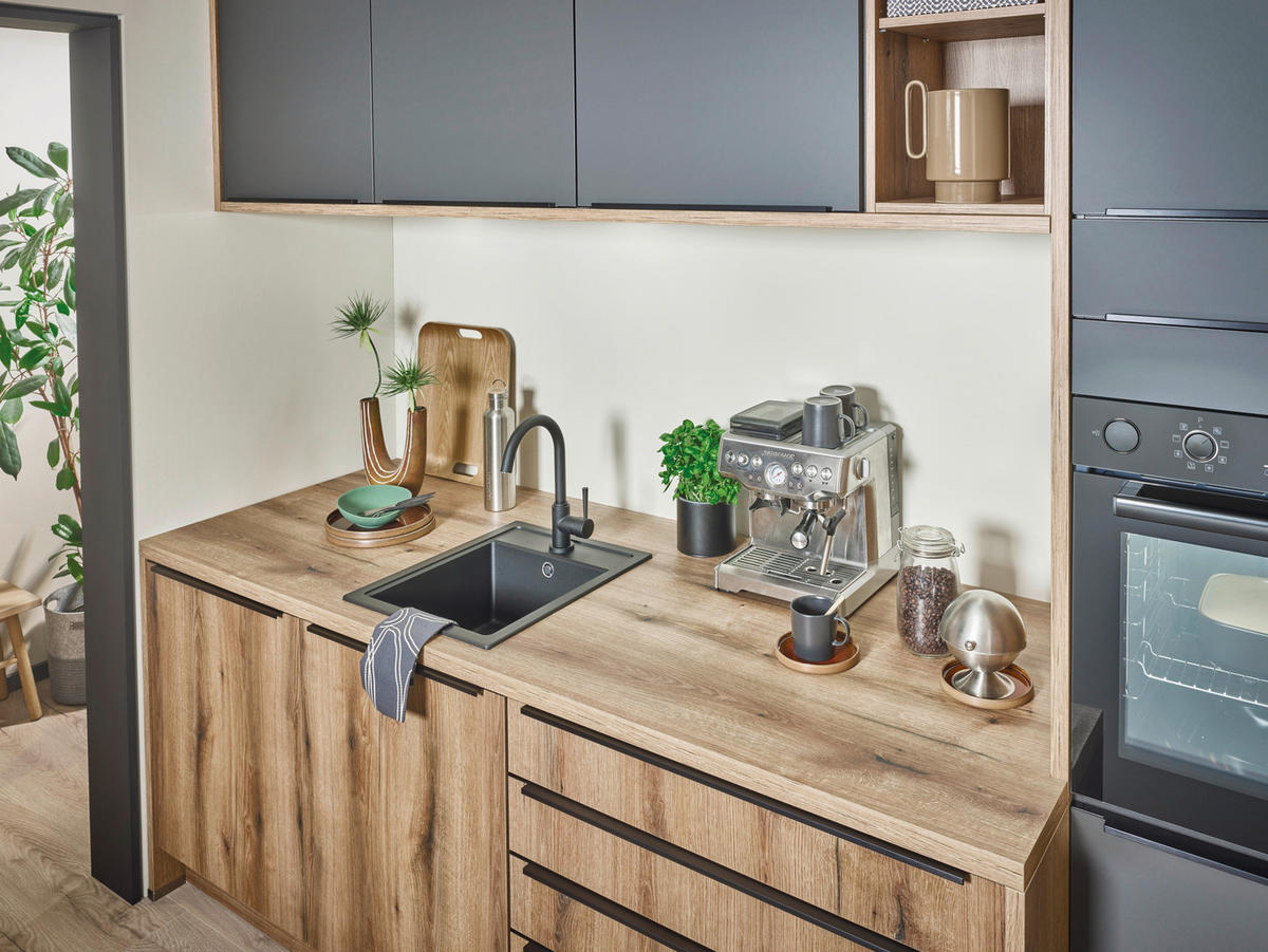 EINBAUKÜCHE   - Graphitfarben, Design, Holzwerkstoff - Xora
