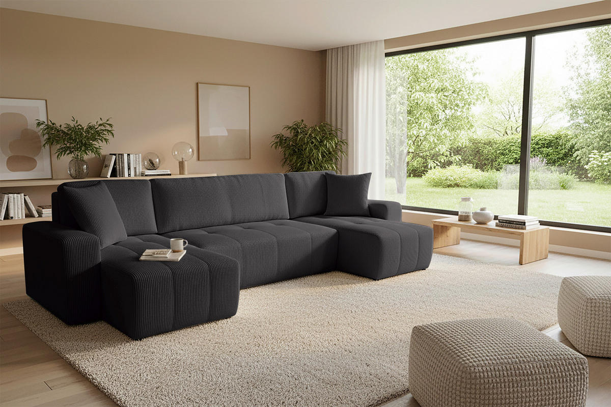 Wohnlandschaft inkl. Funktion Graphitfarben Cord  - Schwarz/Graphitfarben, KONVENTIONELL, Textil (146/317/146cm) - Xora