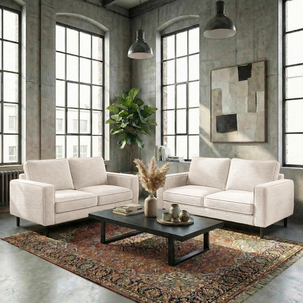 2,5-SITZER  in Cord Creme Modern  - Creme/Schwarz, Design, Textil/Metall (168/85/92cm) - Livetastic