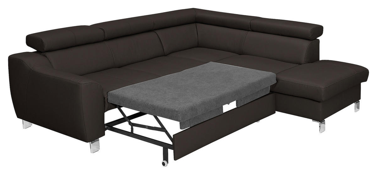 ECKSOFA Dunkelbraun Echtleder Lederlook  - Chromfarben/Dunkelbraun, Design, Leder/Textil (245/208cm) - Livetastic