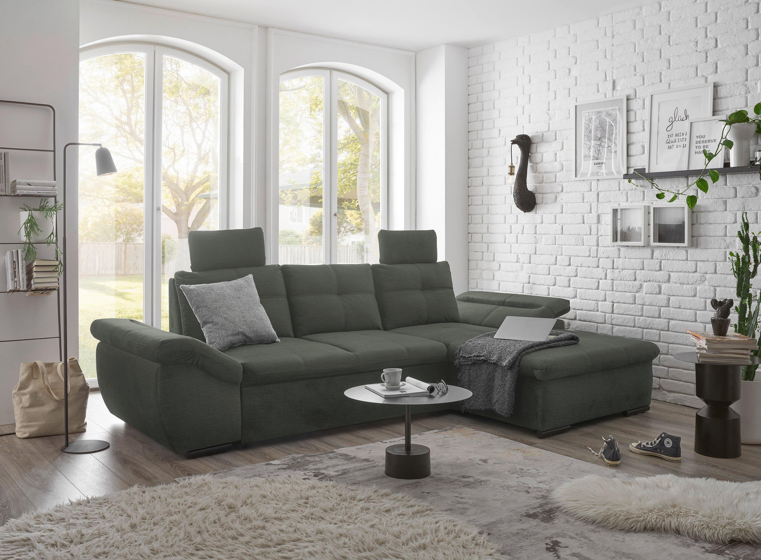 ECKSOFA in Mikrovelours Dunkelgrün  - Dunkelgrün/Schwarz, Konventionell, Kunststoff/Textil (275/170cm) - Carryhome