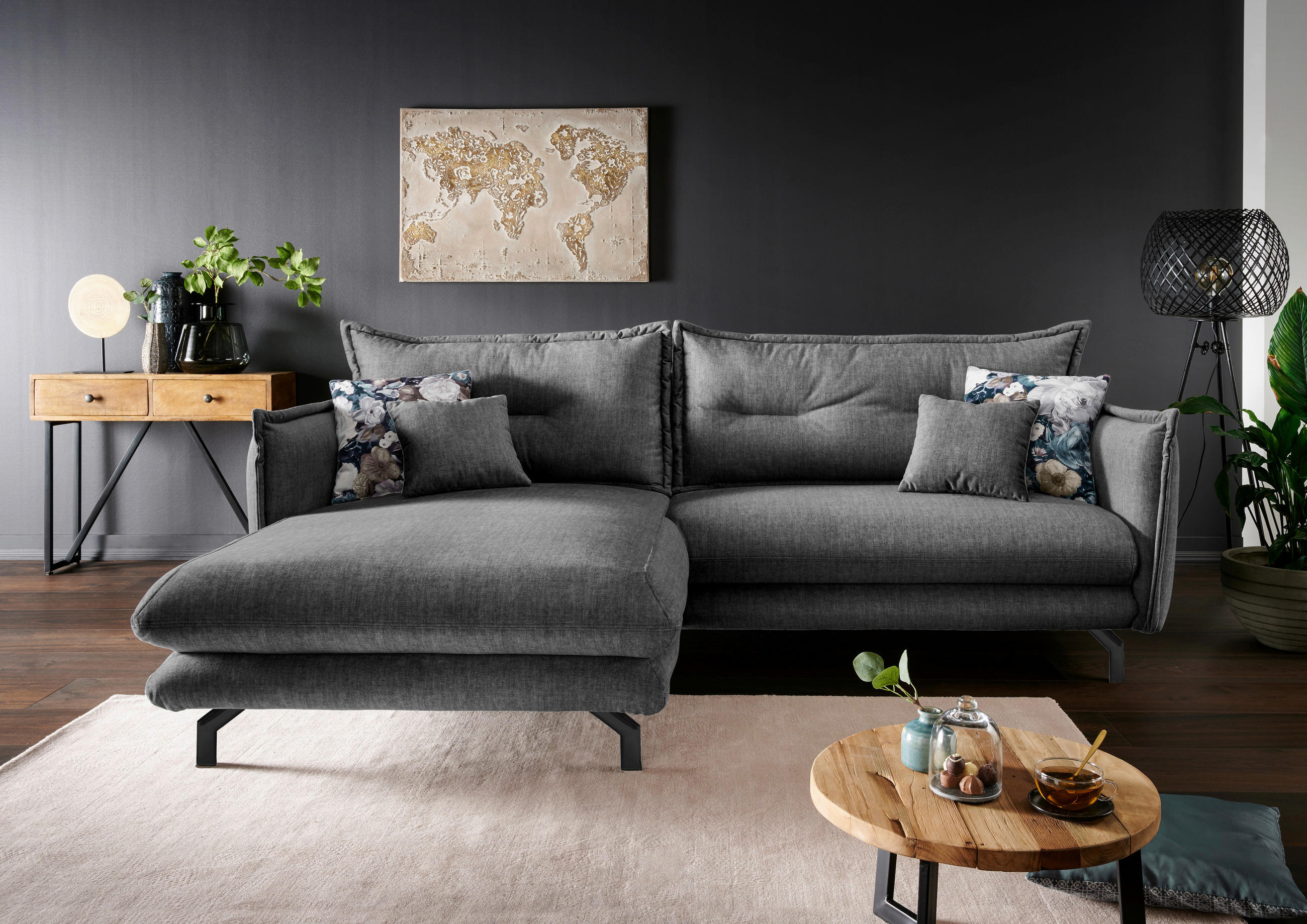 ECKSOFA in Velours Grau  - Türkis/Schwarz, Modern, Textil/Metall (180/255cm) - Livetastic