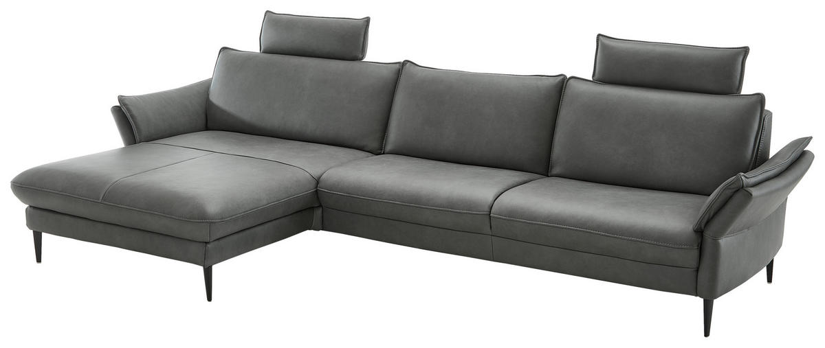 ECKSOFA in Echtleder Anthrazit  172/334 cm  - Anthrazit/Schwarz, Design, Leder/Metall (172/334cm) - Hukla