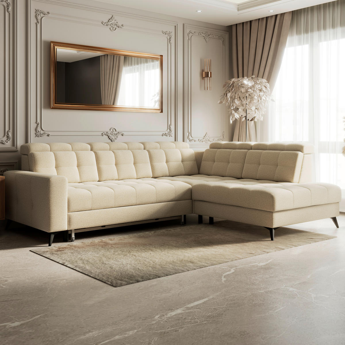 ECKSOFA BARLETTA NEW Beige Velours Bettkasten, Kopfteilverstellung, Sitztiefenverstellung, Liegefläche im Originalstoff  - Beige/Schwarz, ROMANTIK / LANDHAUS, Textil/Metall (289/228cm) - MID.YOU