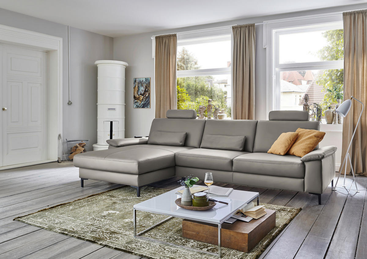 ECKSOFA in Echtleder Hellgrau  - Hellgrau/Schwarz, Design, Leder/Metall (176/334cm) - Dieter Knoll