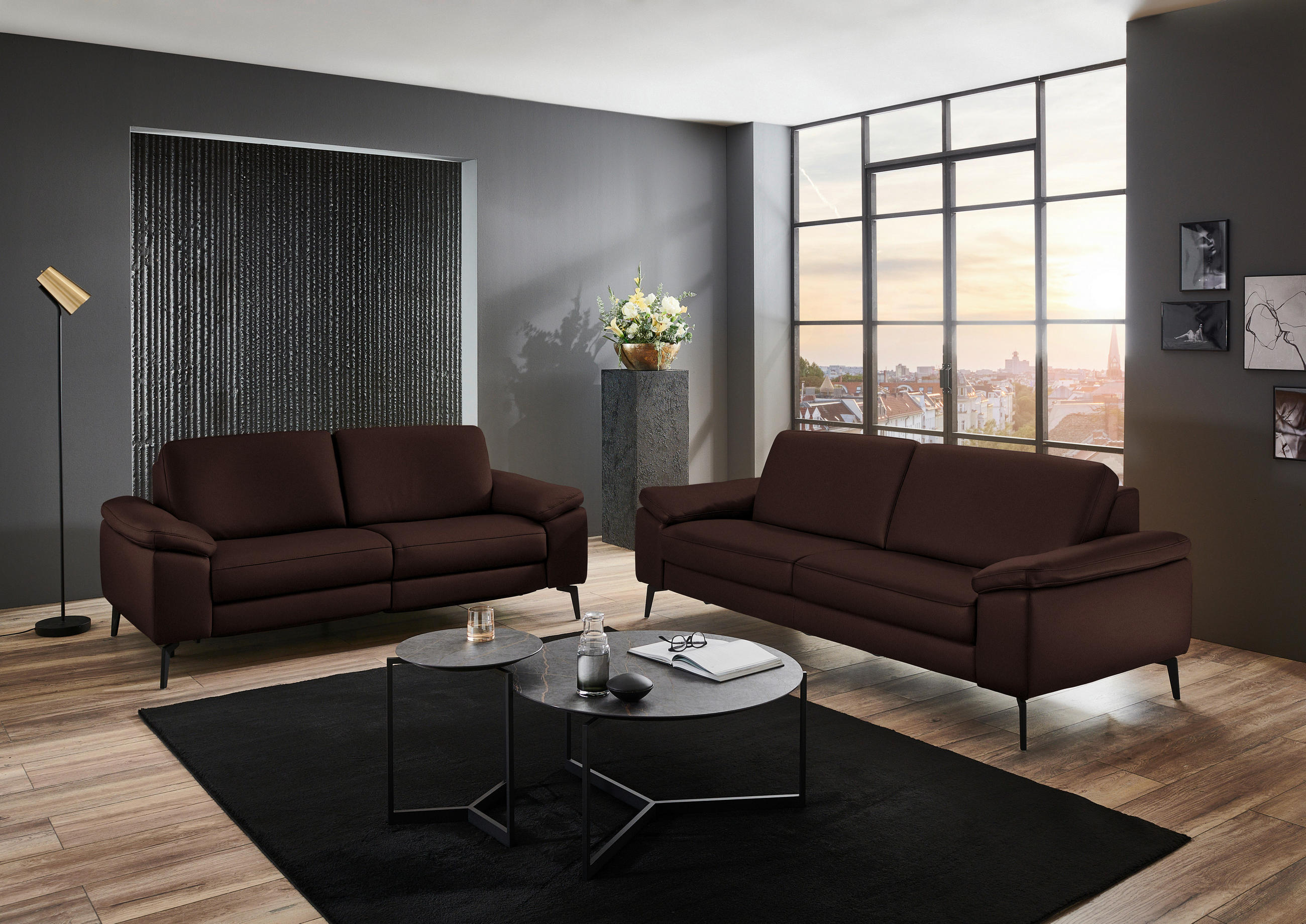 3-SITZER-SOFA in Leder Braun  - Schwarz/Braun, Design, Leder/Metall (224/88/100cm) - Valdera