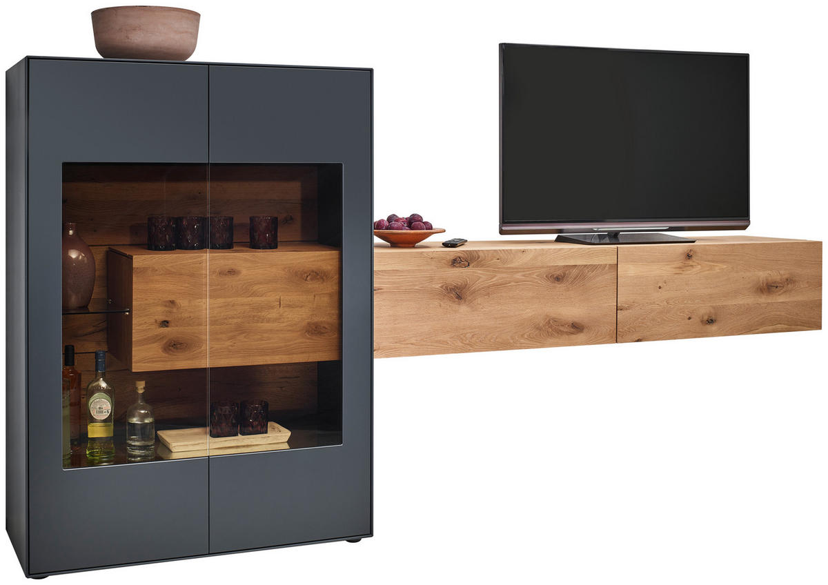 WOHNWAND  in Anthrazit, Eichefarben 299/148/44 cm  - Eichefarben/Anthrazit, Natur, Glas/Holz (299/148/44cm) - Valnatura
