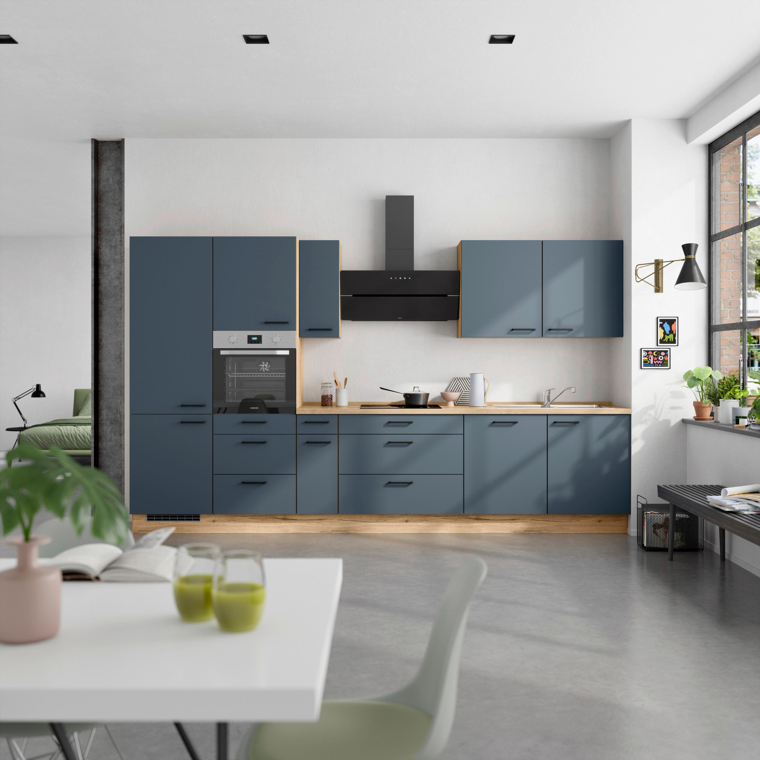 KÜCHENBLOCK Easytouch 360 cm  in Eichefarben, Dunkelblau  - Eichefarben/Schwarz, MODERN, Holzwerkstoff/Metall (360cm) - Nobilia